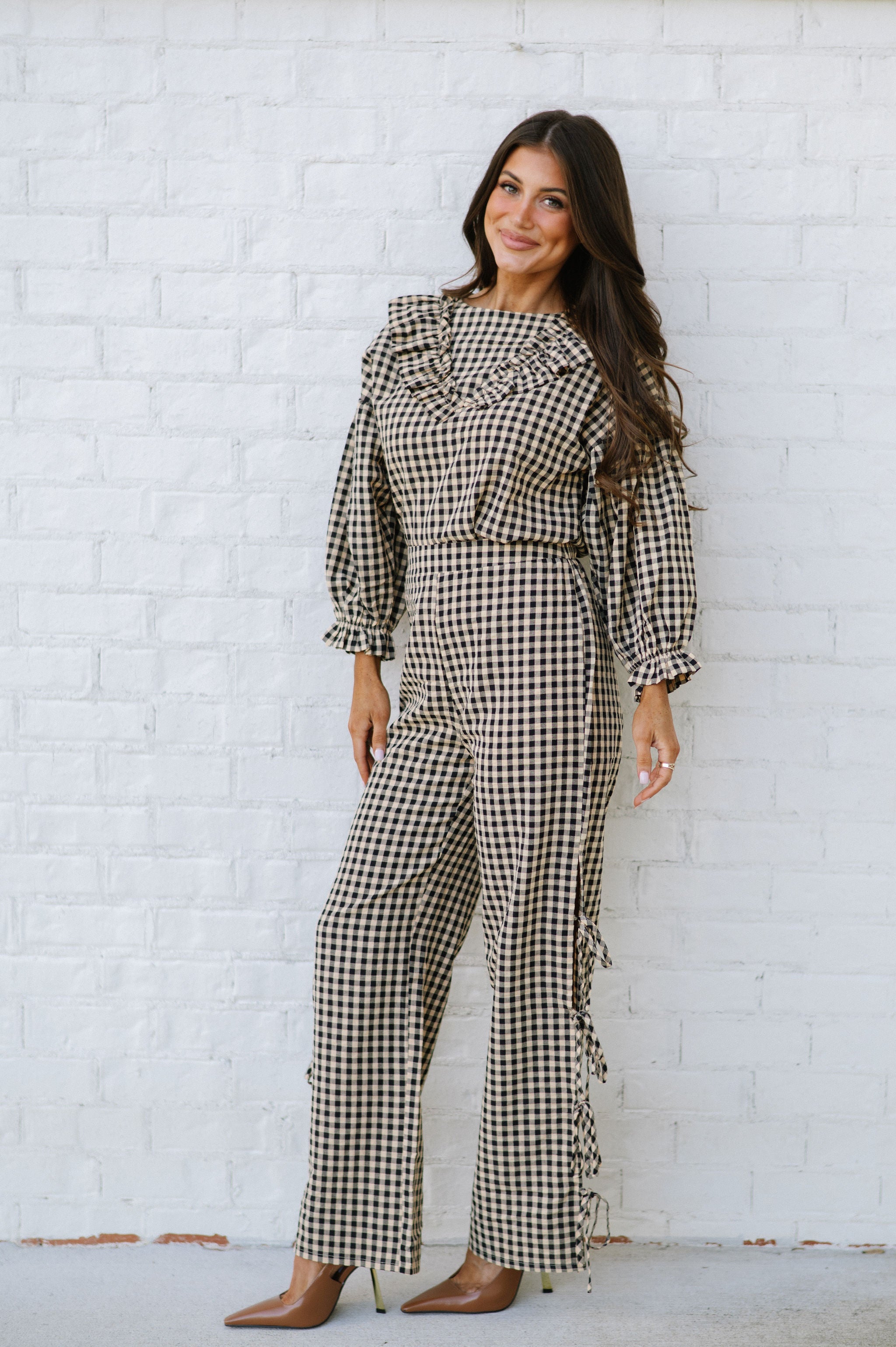 Gingham Pants Set-Beige