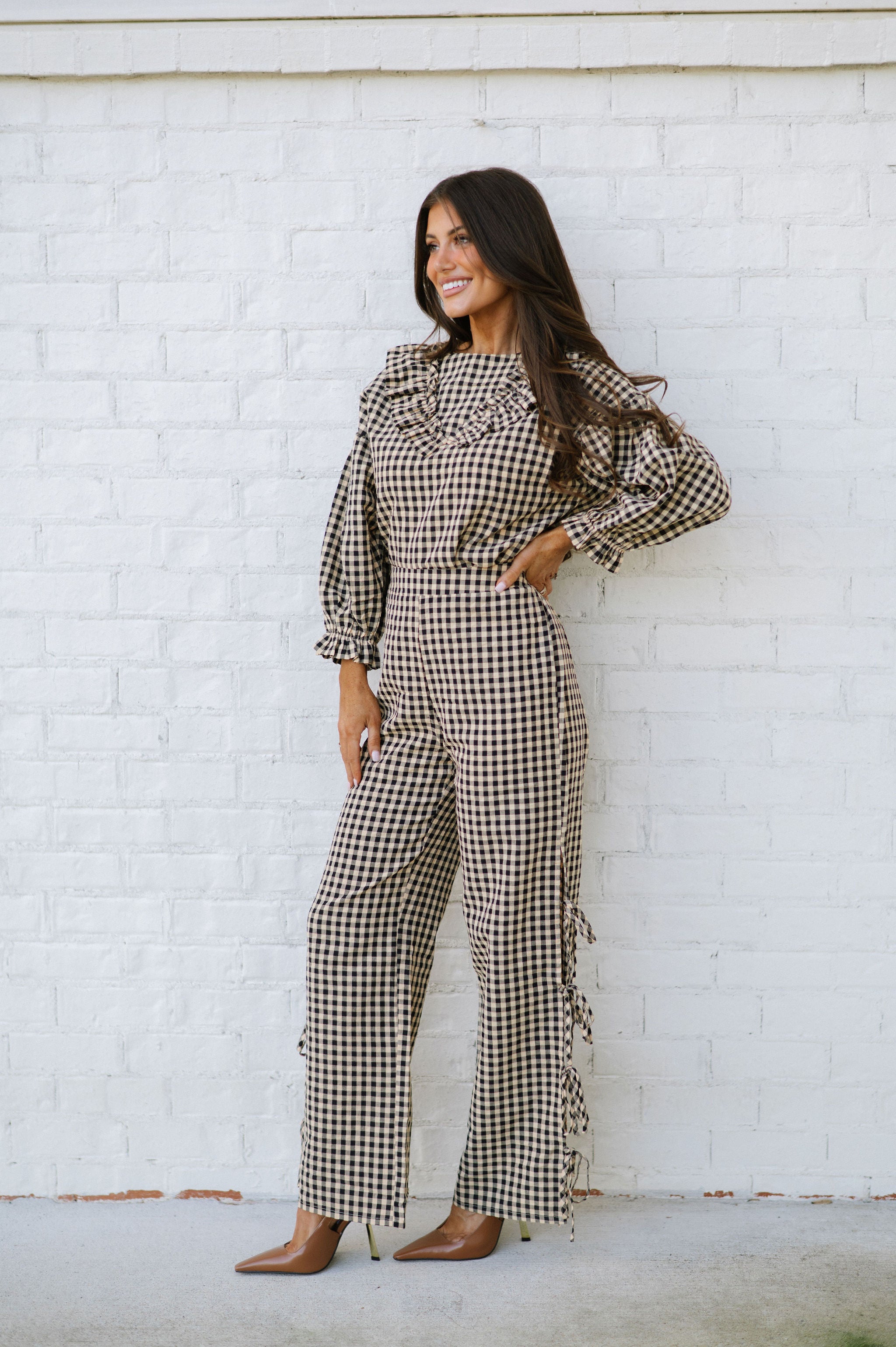 Gingham Pants Set-Beige