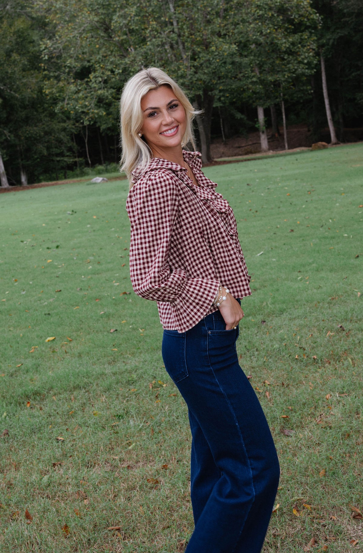 Hazel Gingham Ruffle Blouse-Burgundy/Taupe