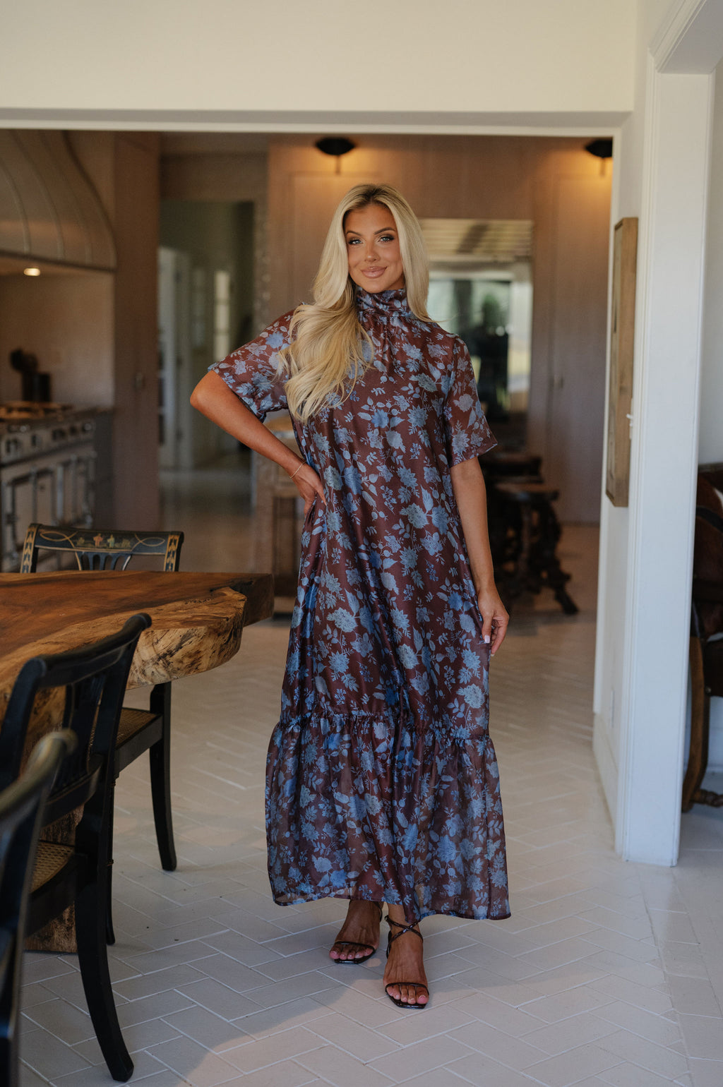London High-Neck Maxi Dress-Brown