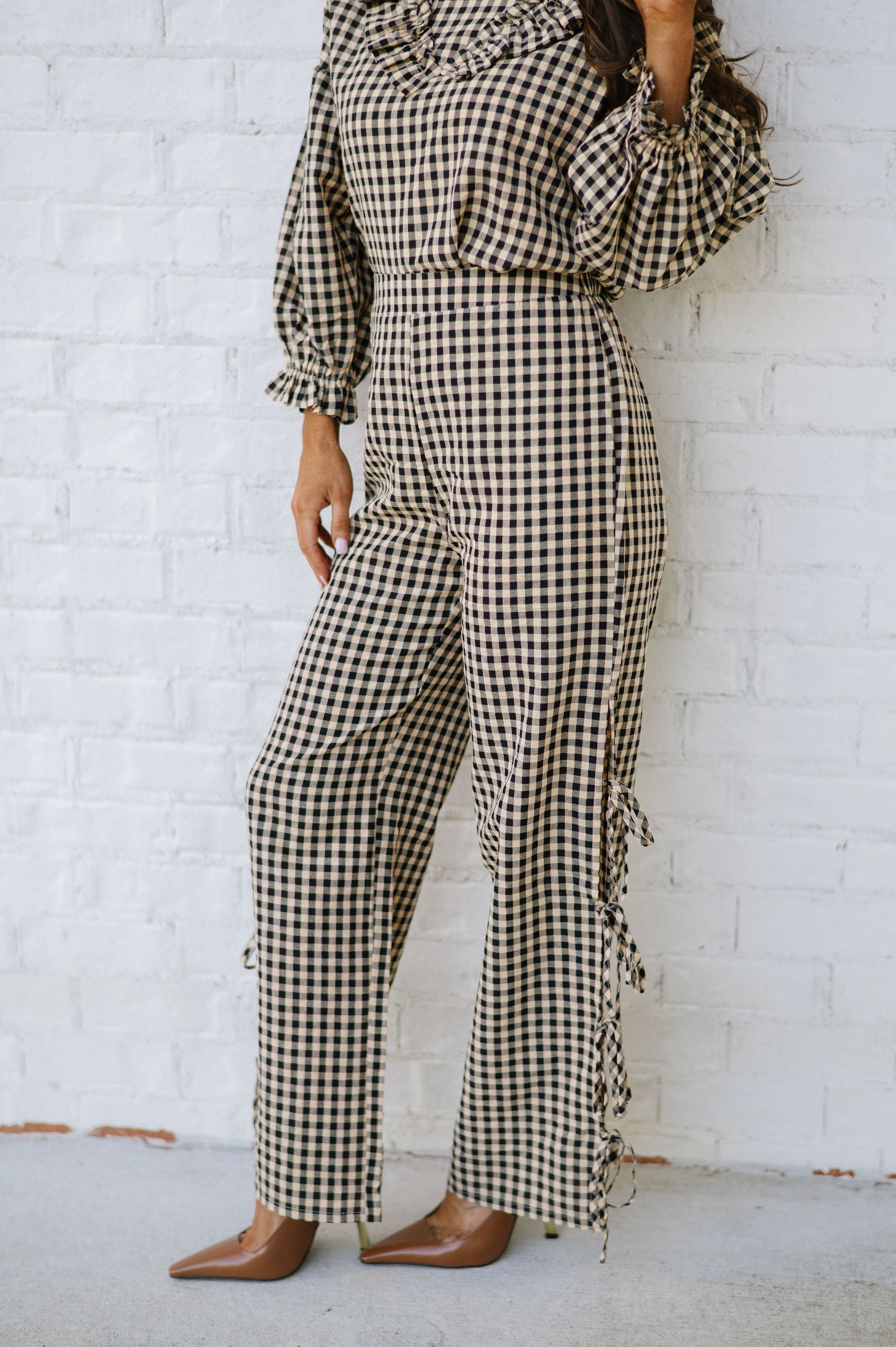 Gingham Pants Set-Beige