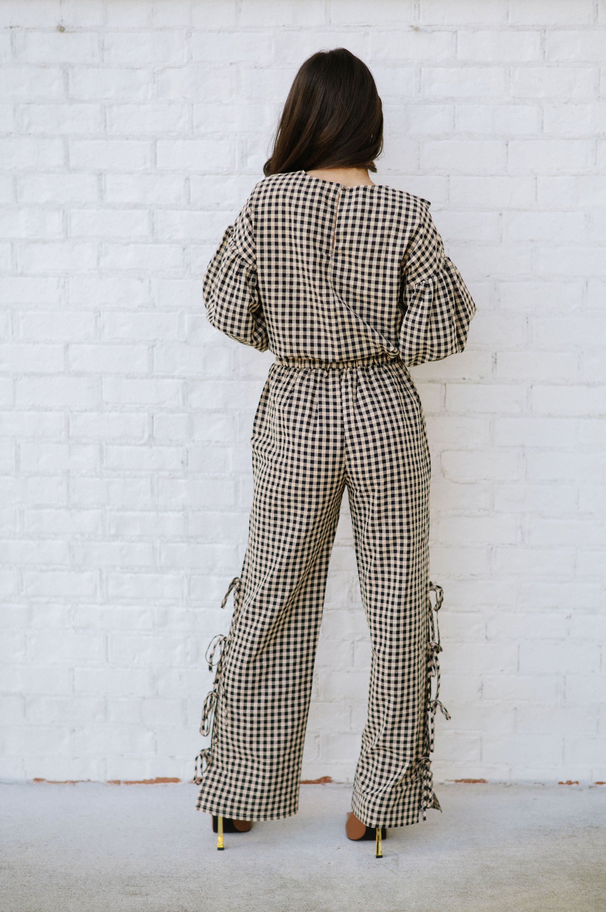 Gingham Pants Set-Beige