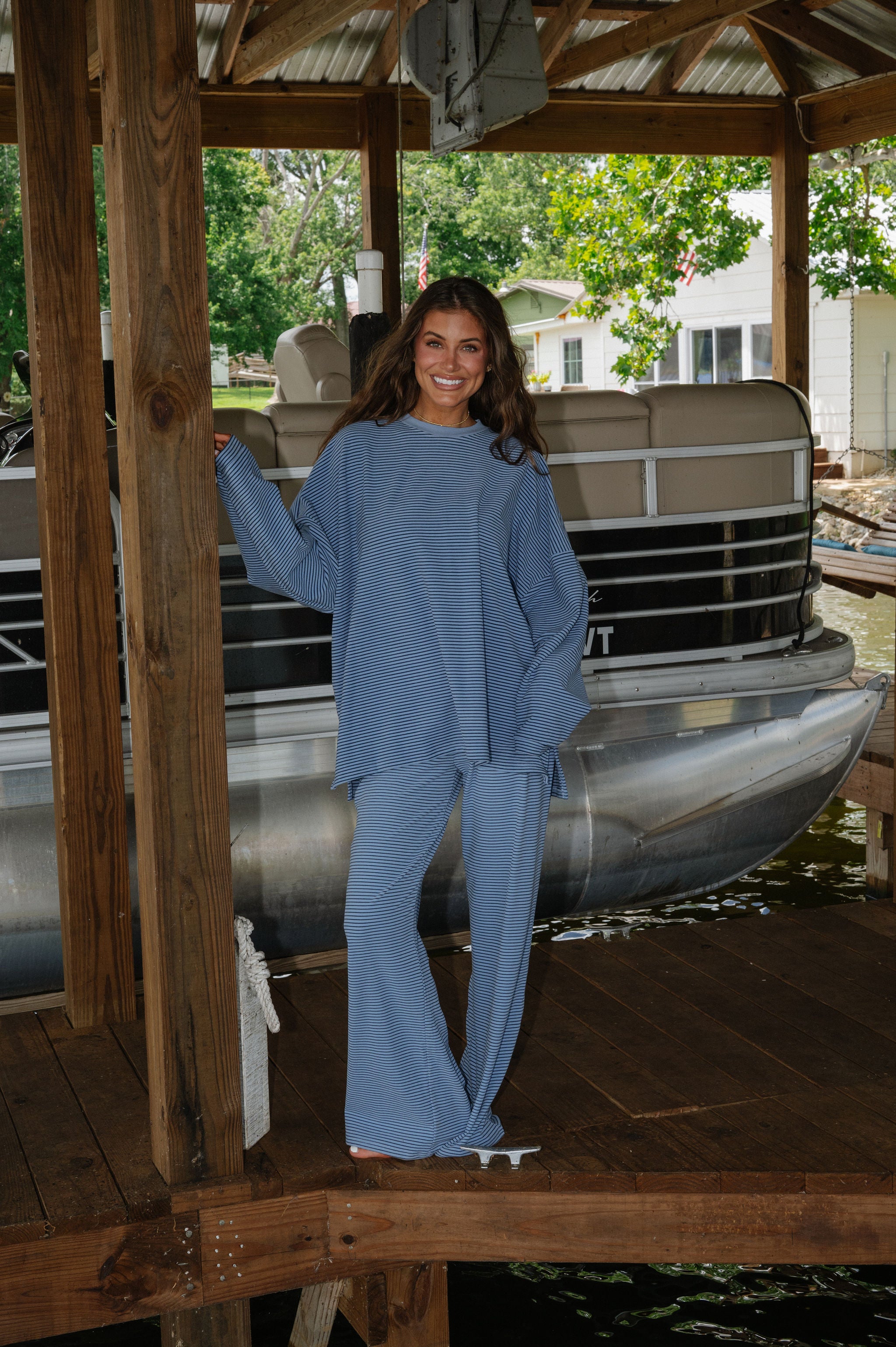 Nelly Striped Pants-Dusty Blue