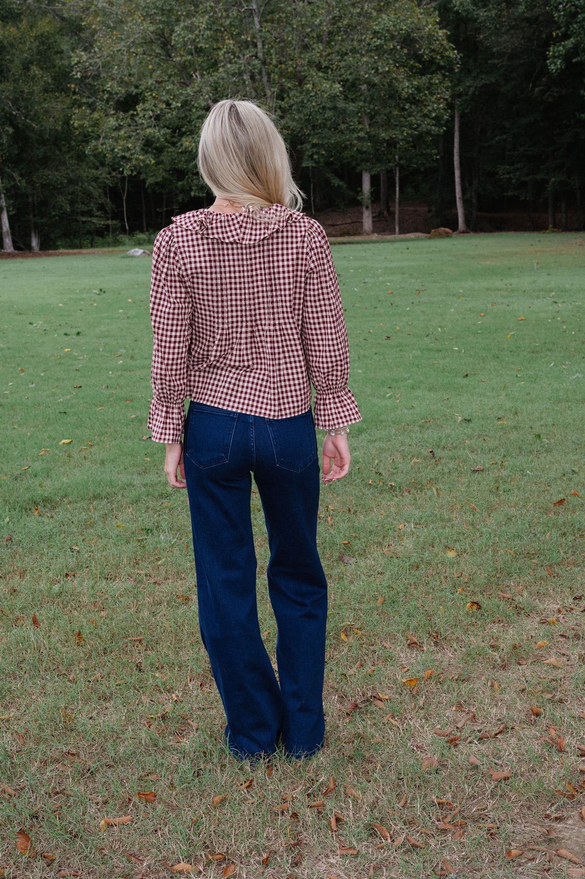 Hazel Gingham Ruffle Blouse-Burgundy/Taupe