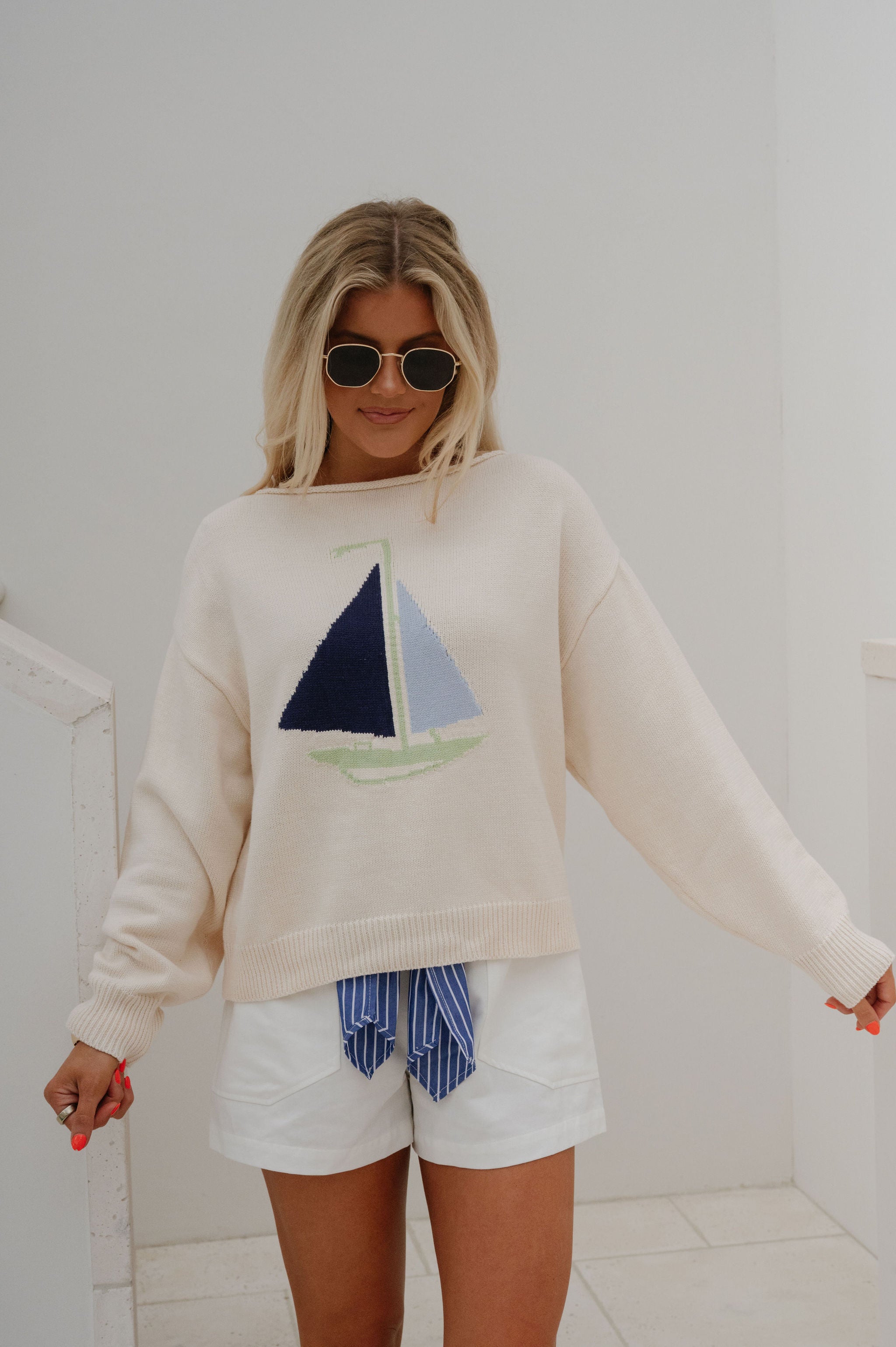 Boat Neck Sweater Top-Ivory