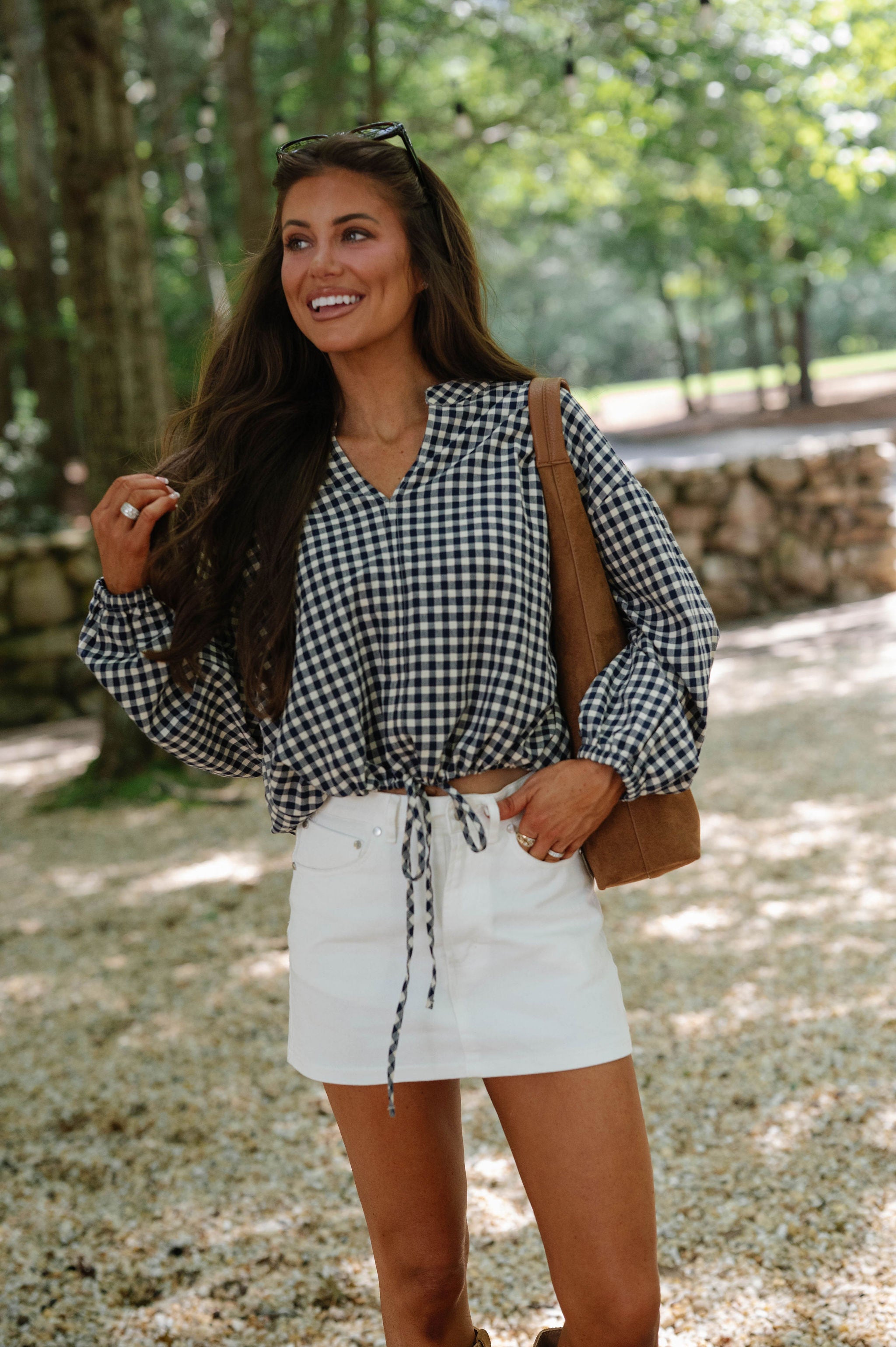 Maeve Gingham Drawstring Blouse-Navy