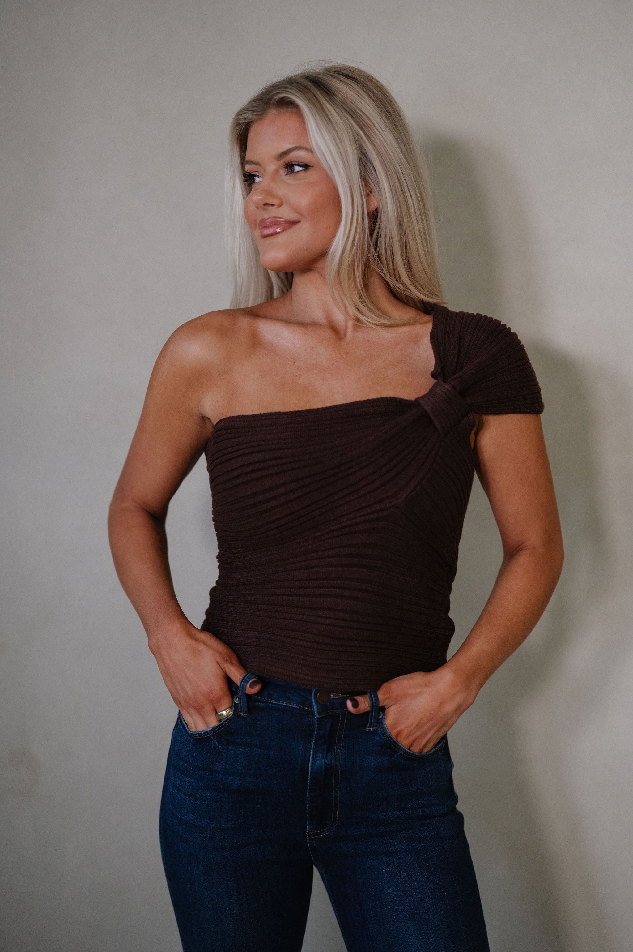 Izzy One Shoulder Knit Top-Chocolate