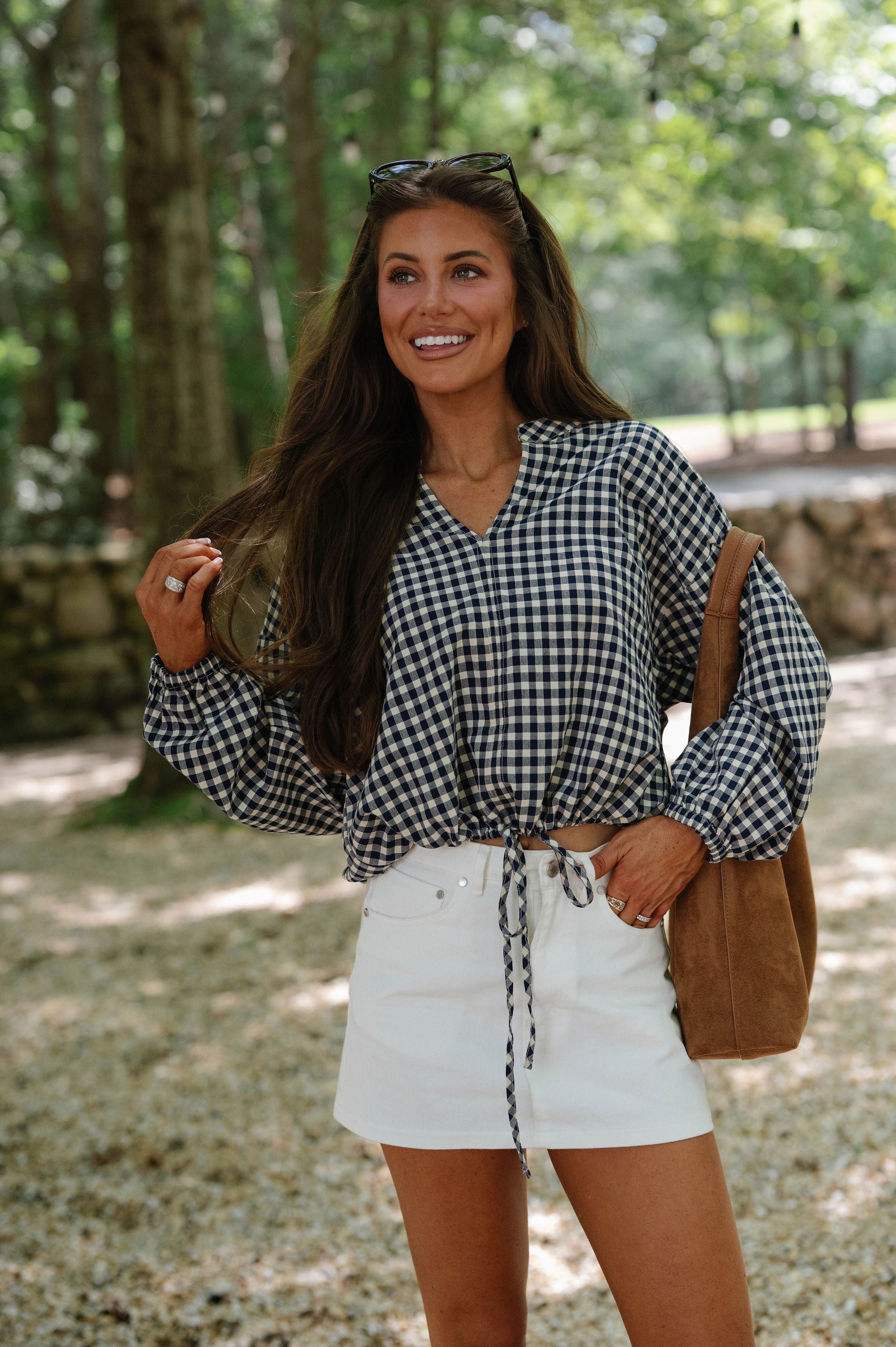 Maeve Gingham Drawstring Blouse-Navy