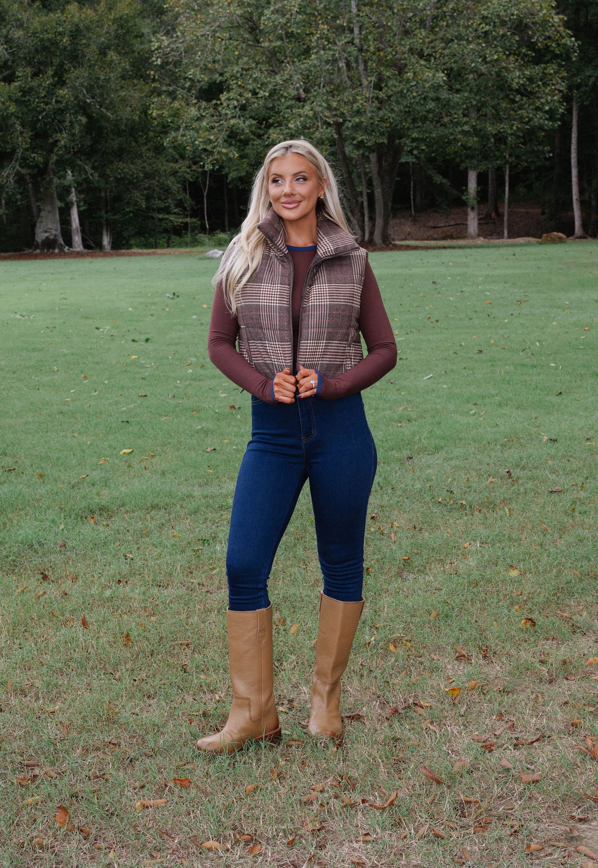 Ruby Plaid Puffer Vest-Brown