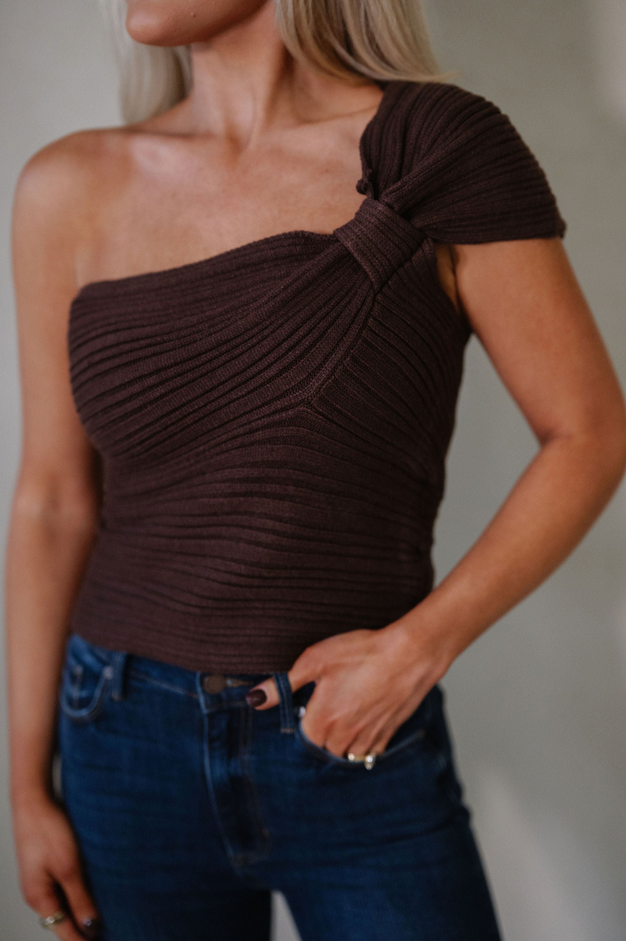 Izzy One Shoulder Knit Top-Chocolate