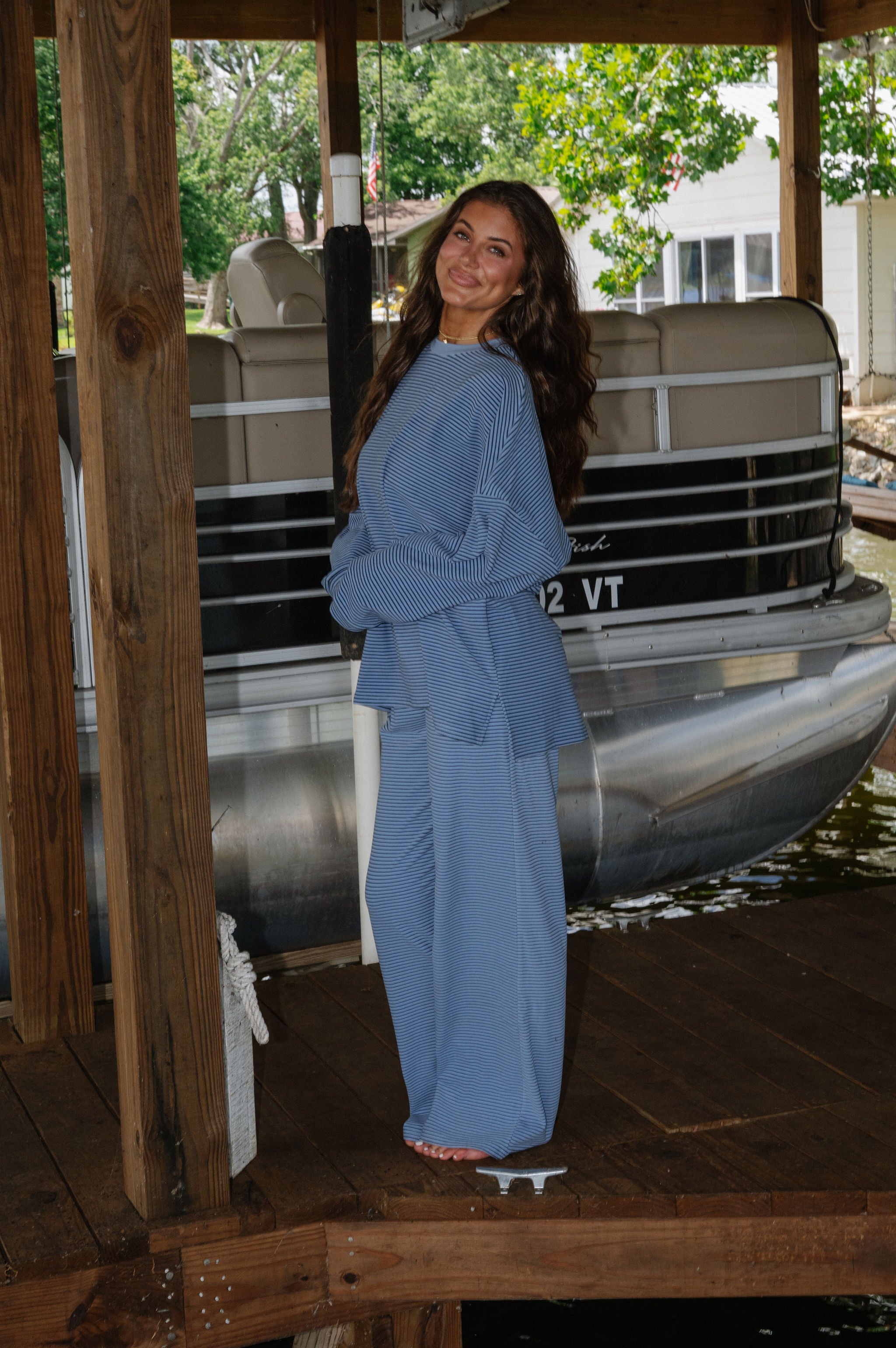 Nelly Striped Pants-Dusty Blue