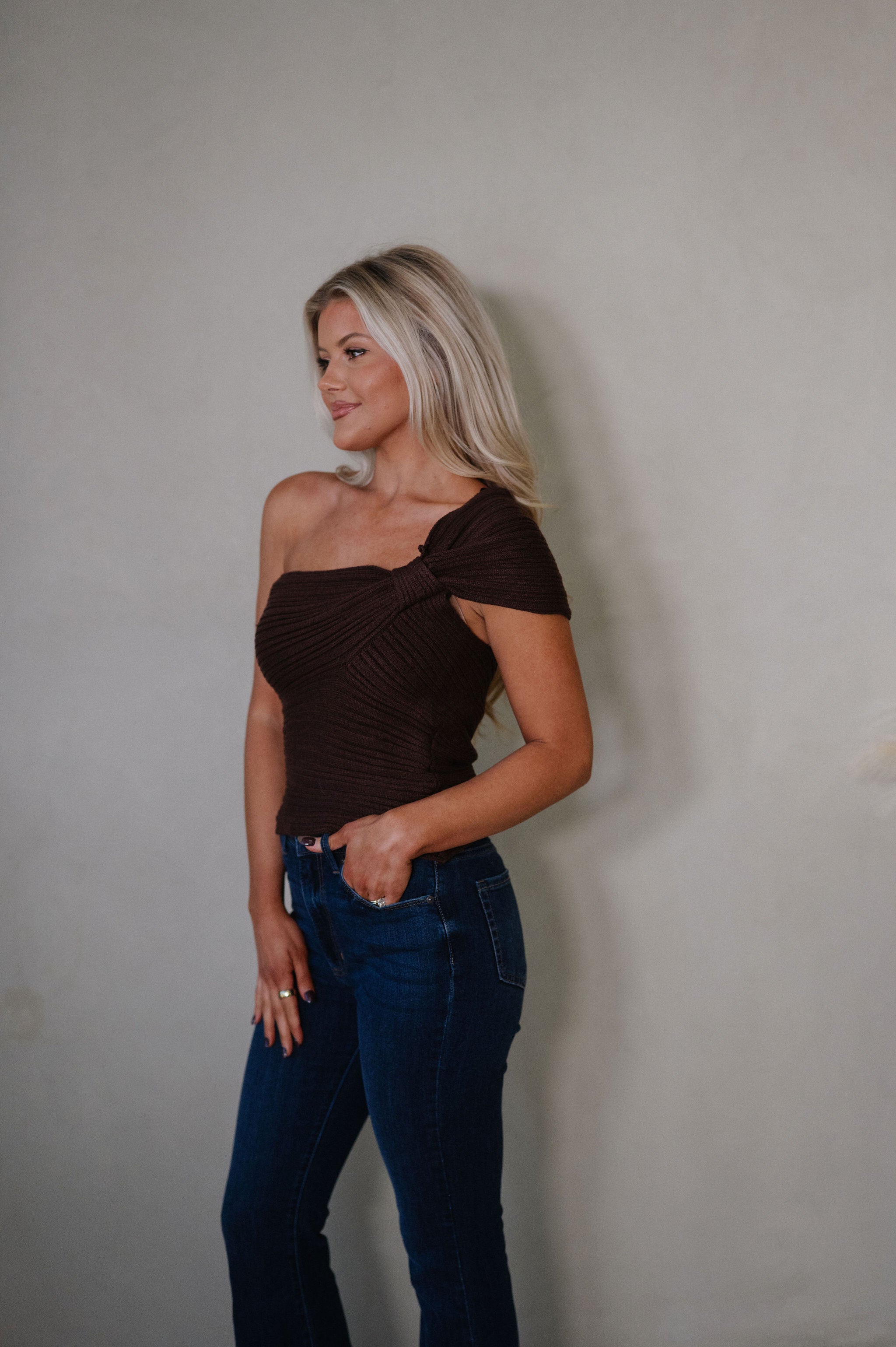 Izzy One Shoulder Knit Top-Chocolate