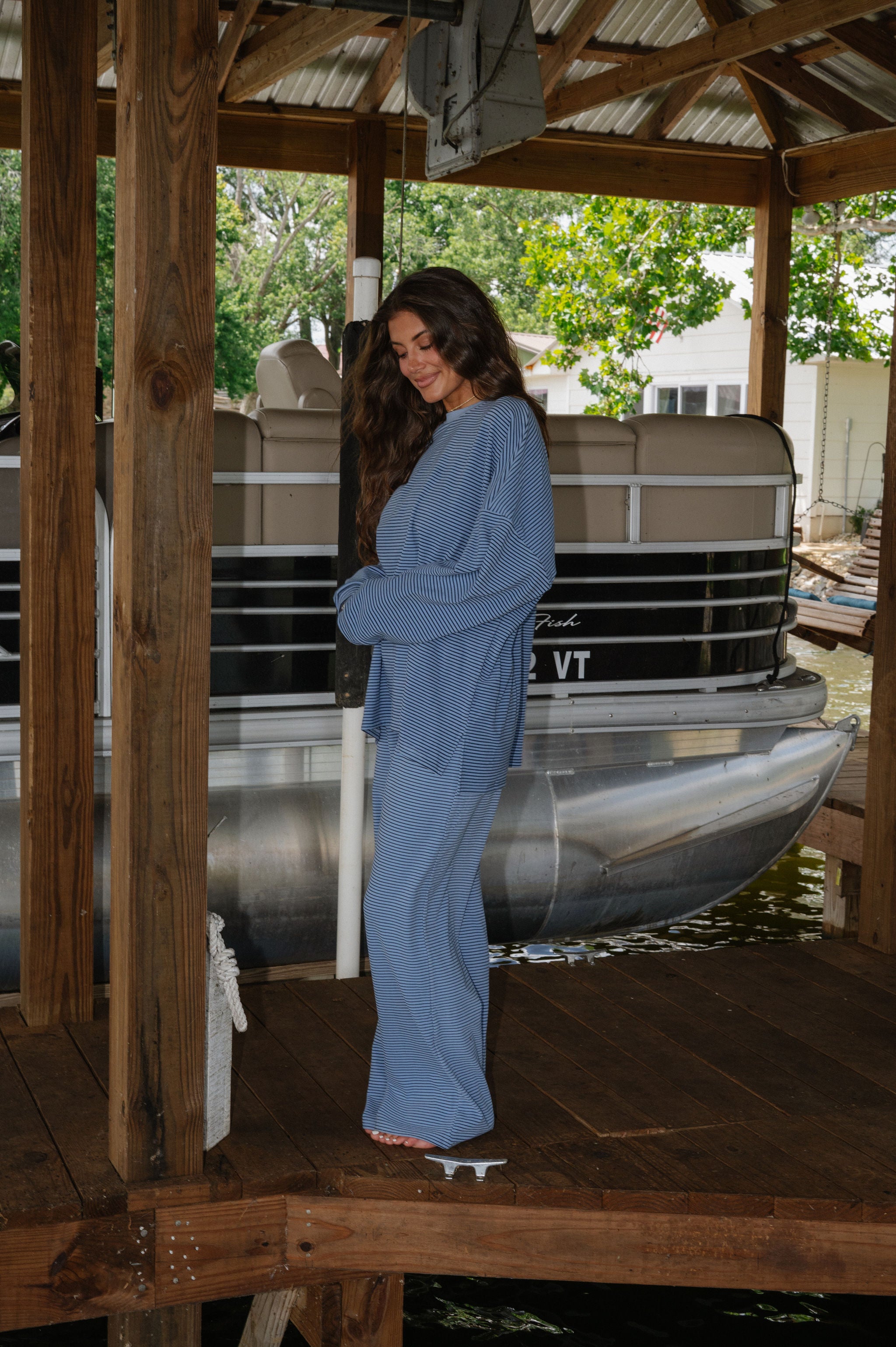 Nelly Striped Pants-Dusty Blue