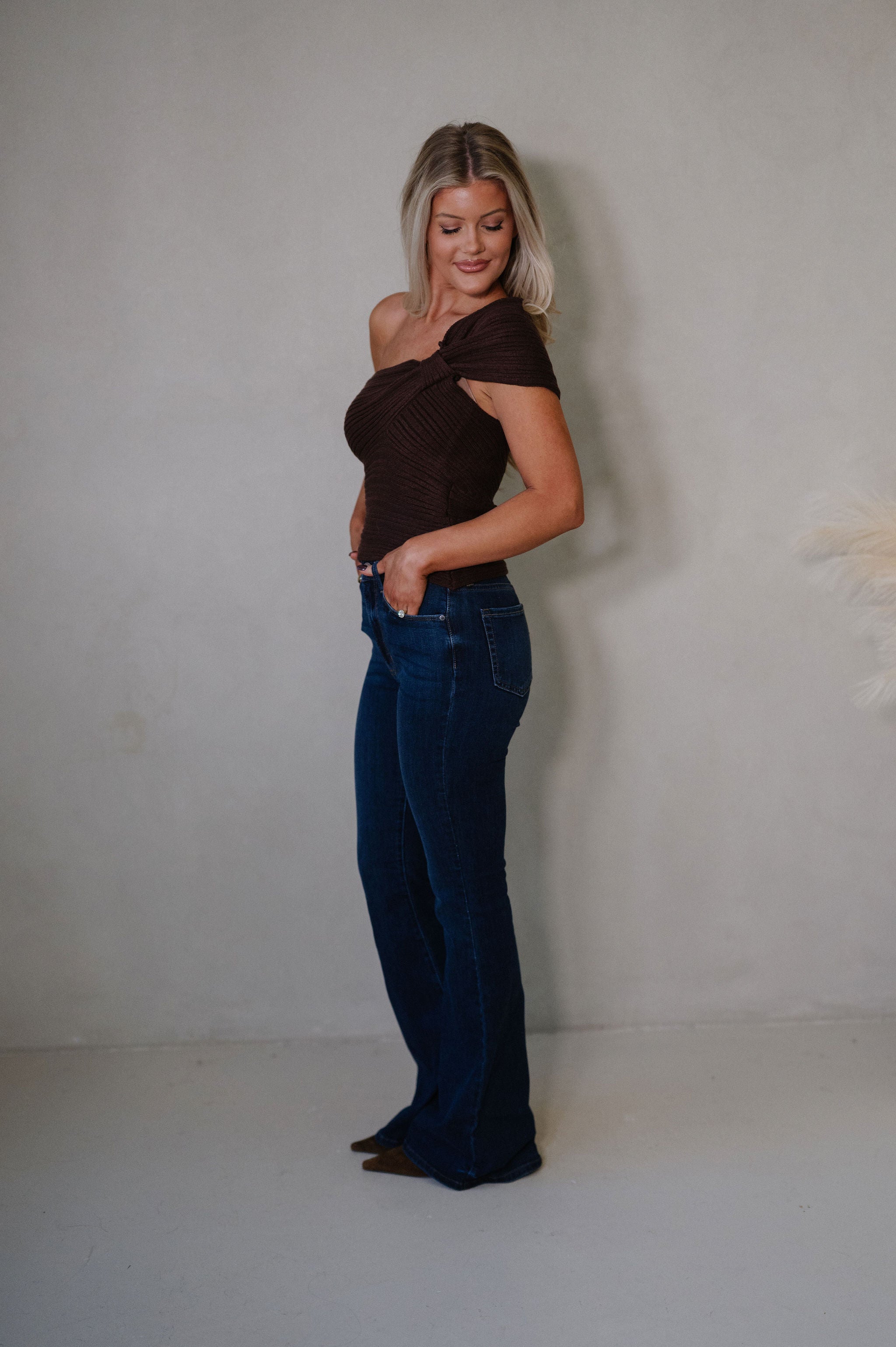 Izzy One Shoulder Knit Top-Chocolate