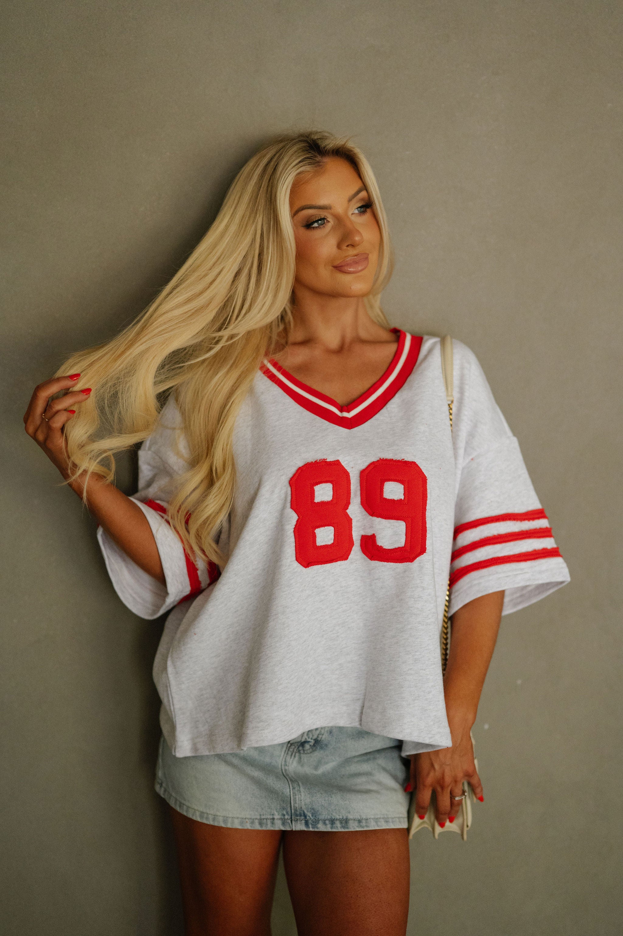 Varsity Oversized Tee-Grey/Red