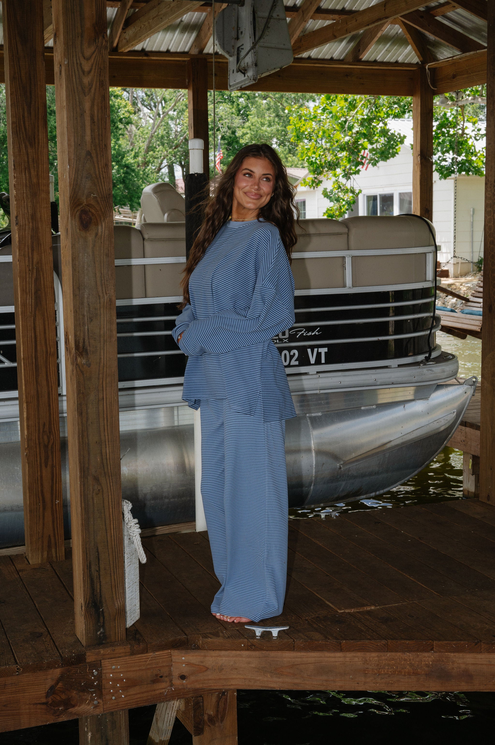 Nora Striped Fleece Oversized Top-Dusty Blue
