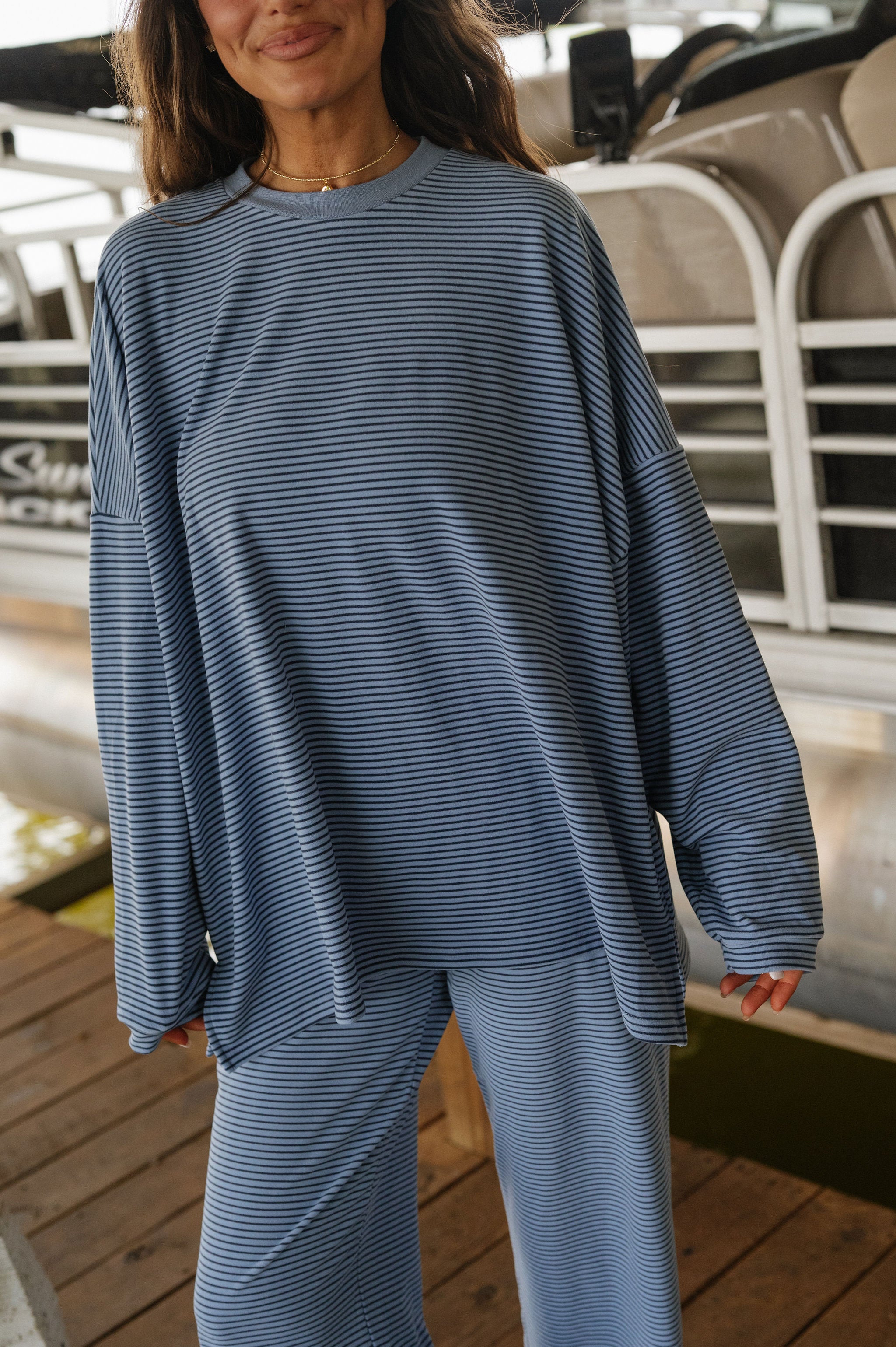 Nora Striped Fleece Oversized Top-Dusty Blue