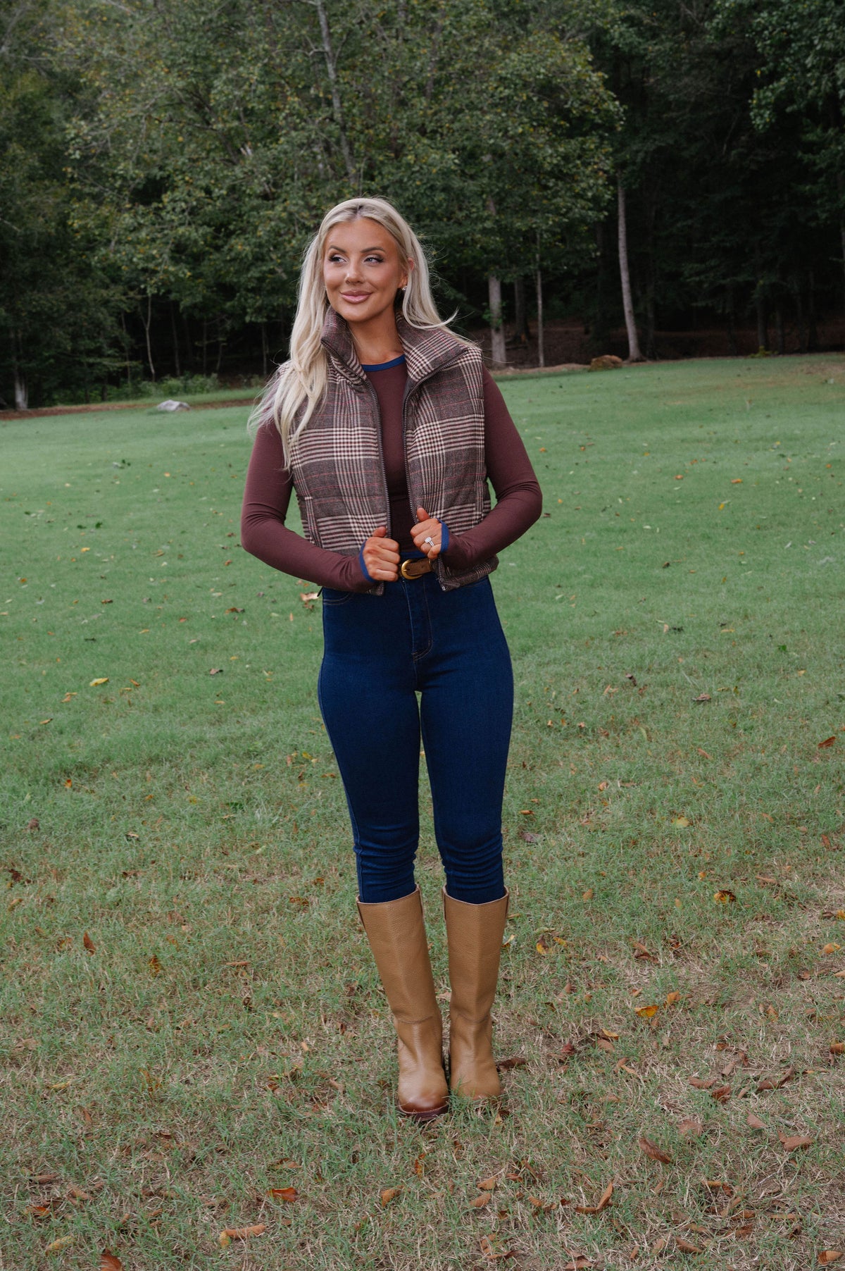 Ruby Plaid Puffer Vest-Brown