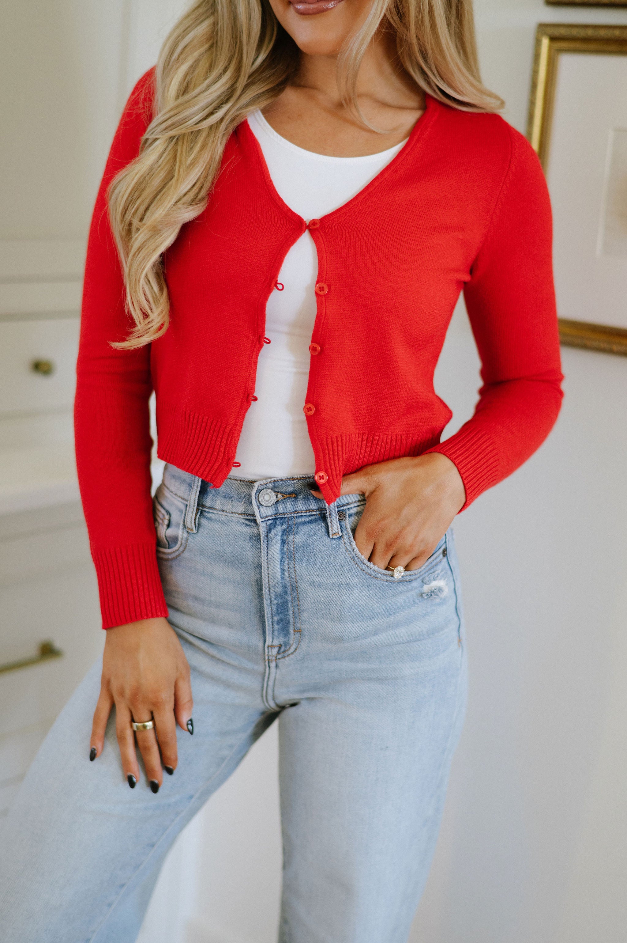 Emma Cropped Cardigan-Red