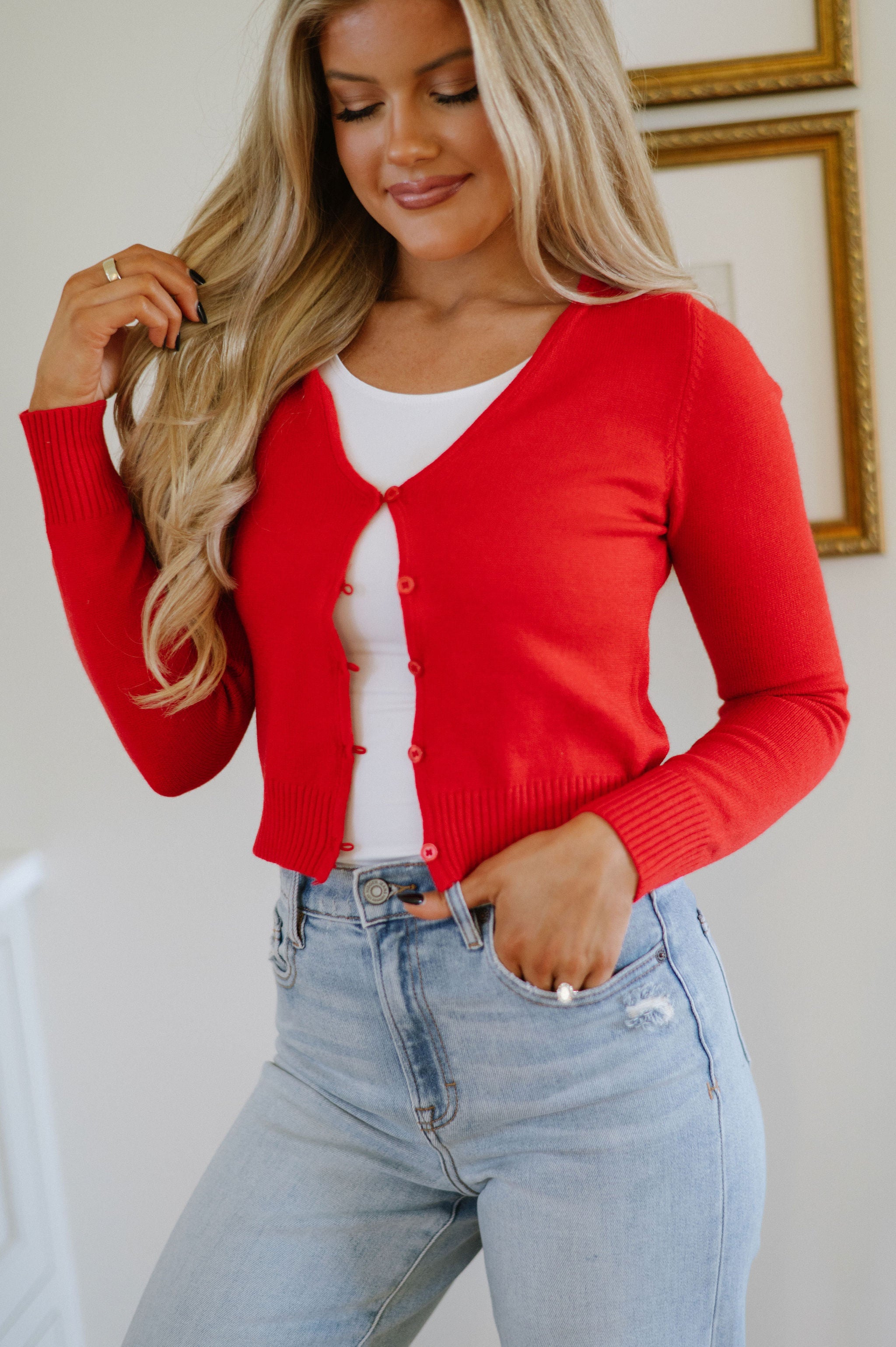 Emma Cropped Cardigan-Red