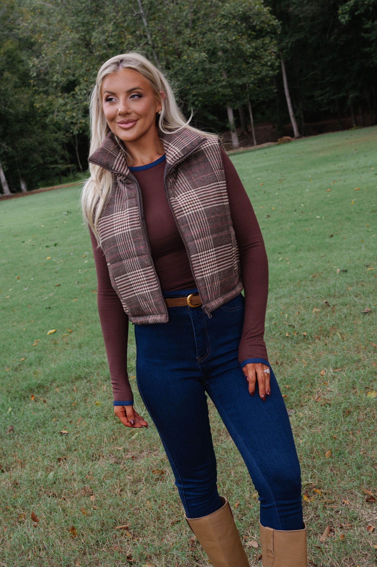 Ruby Plaid Puffer Vest-Brown