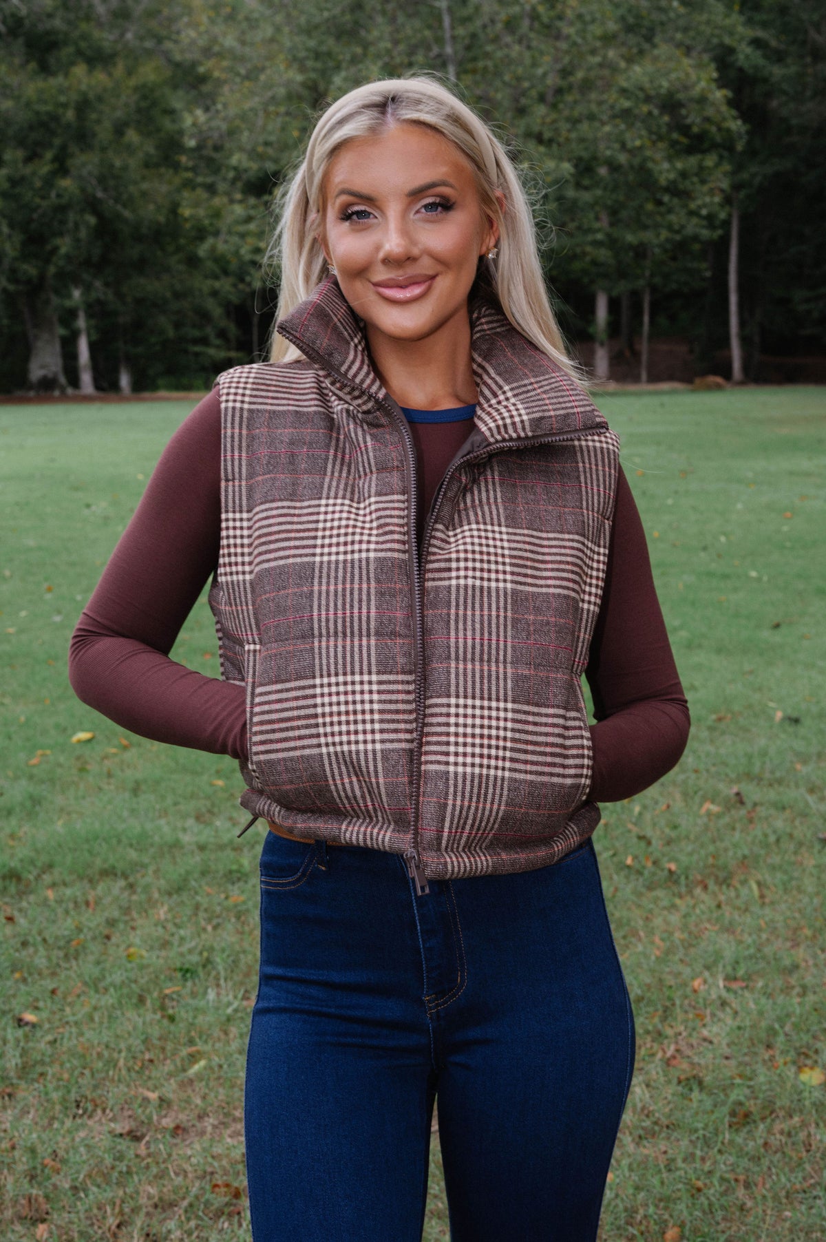 Ruby Plaid Puffer Vest-Brown