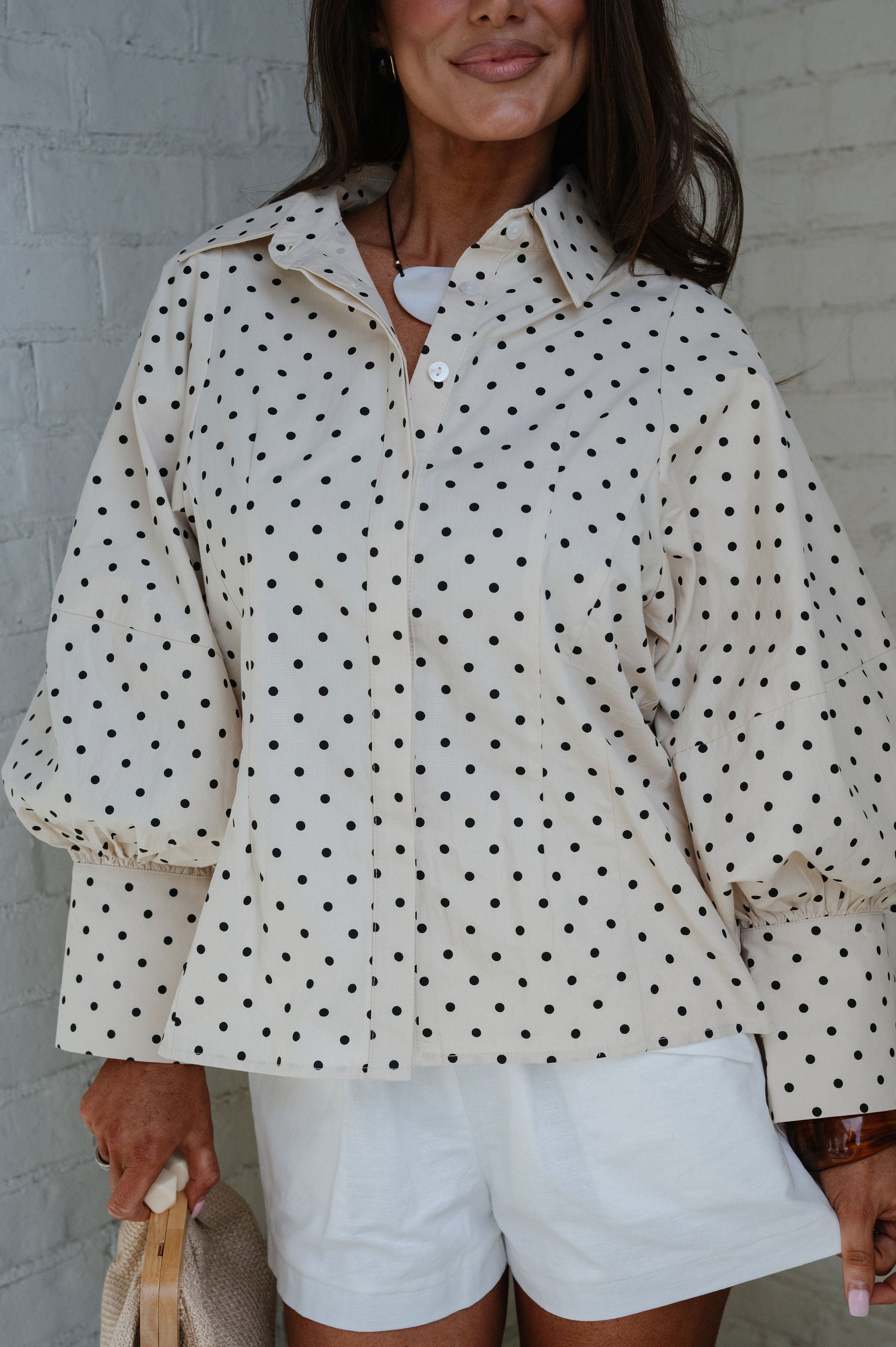 Lizzie Polka Dot Button Down-Taupe