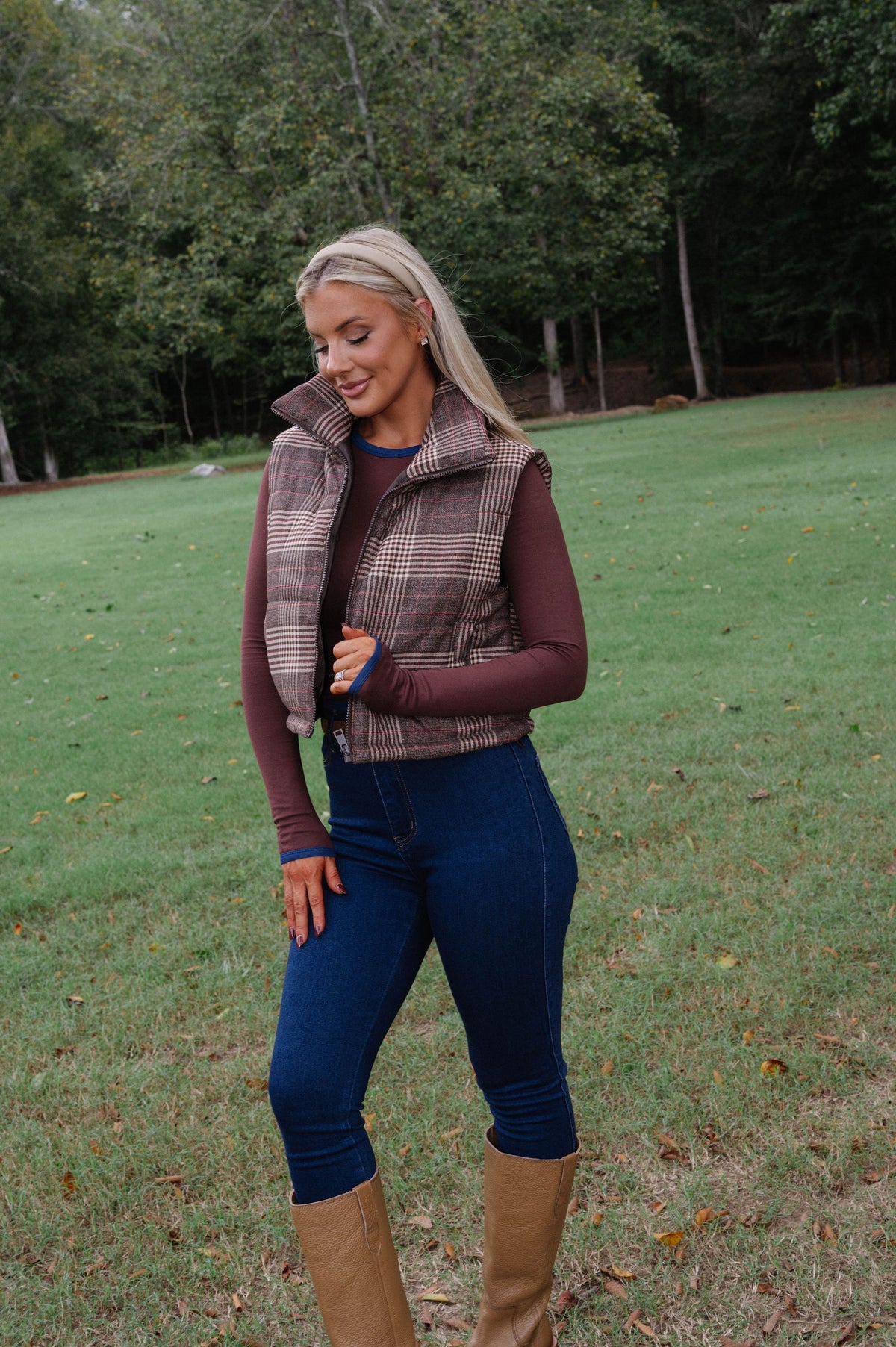 Ruby Plaid Puffer Vest-Brown