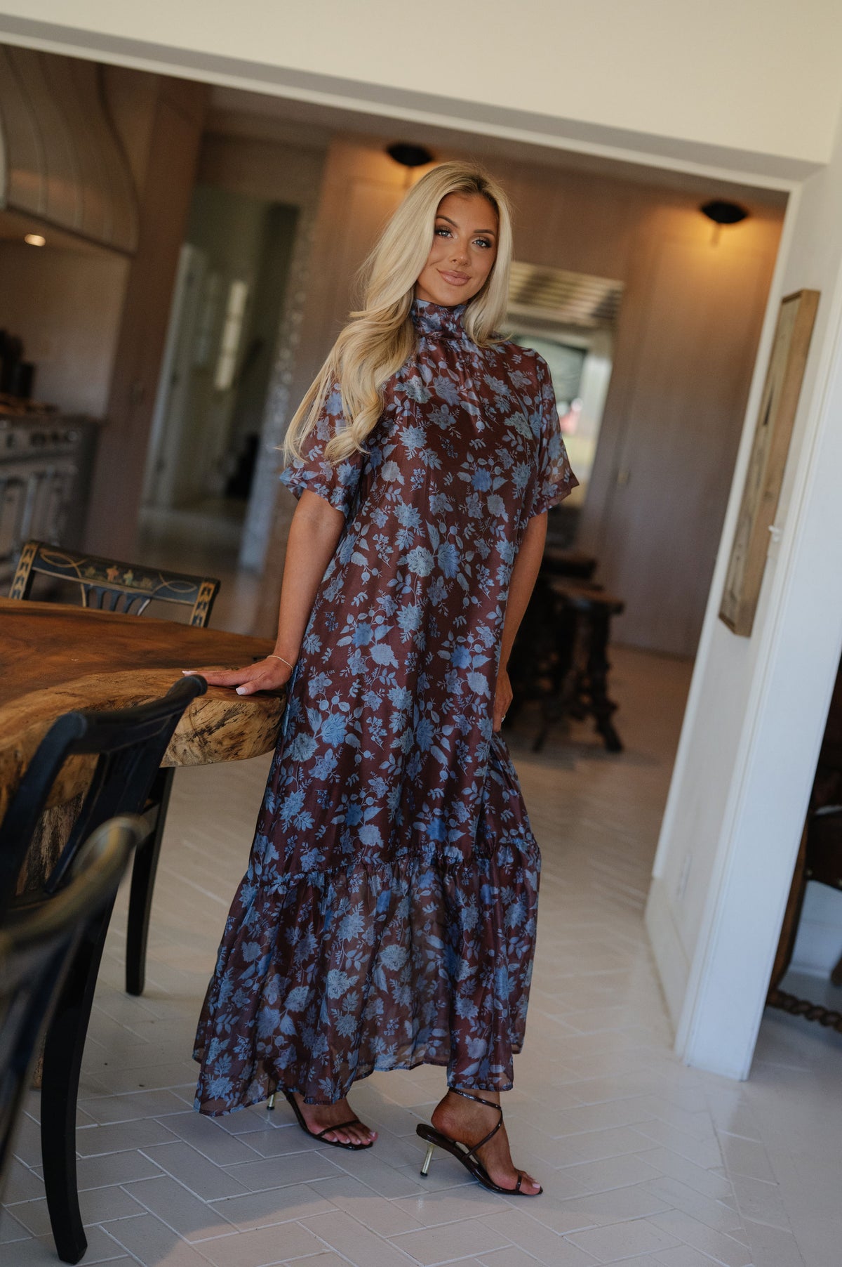 London High-Neck Maxi Dress-Brown