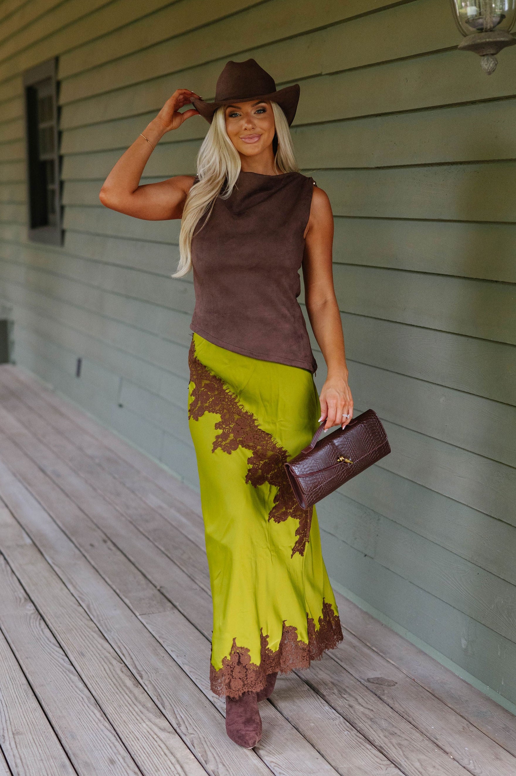 Oakley Lace Trim Maxi Skirt-Green