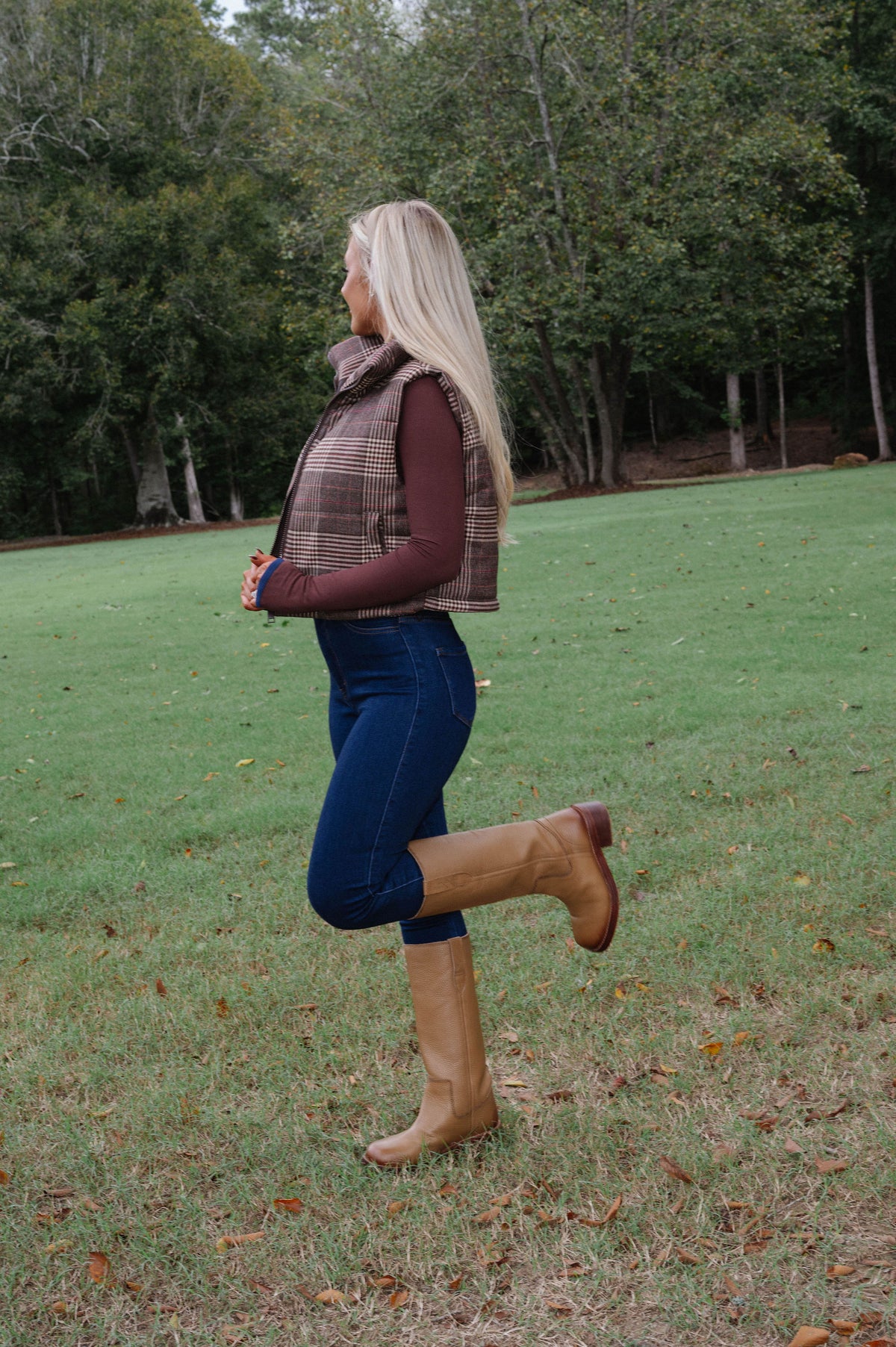 Ruby Plaid Puffer Vest-Brown
