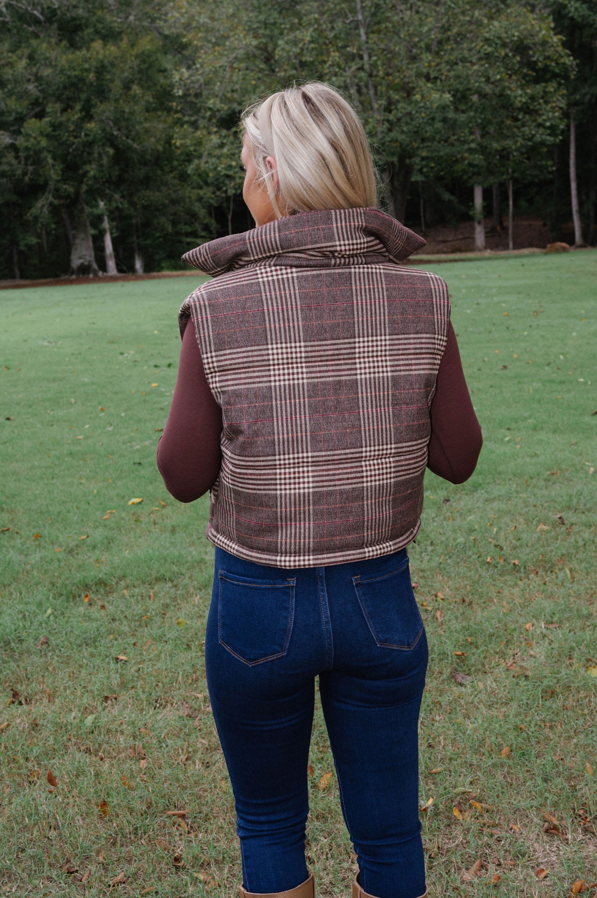 Ruby Plaid Puffer Vest-Brown