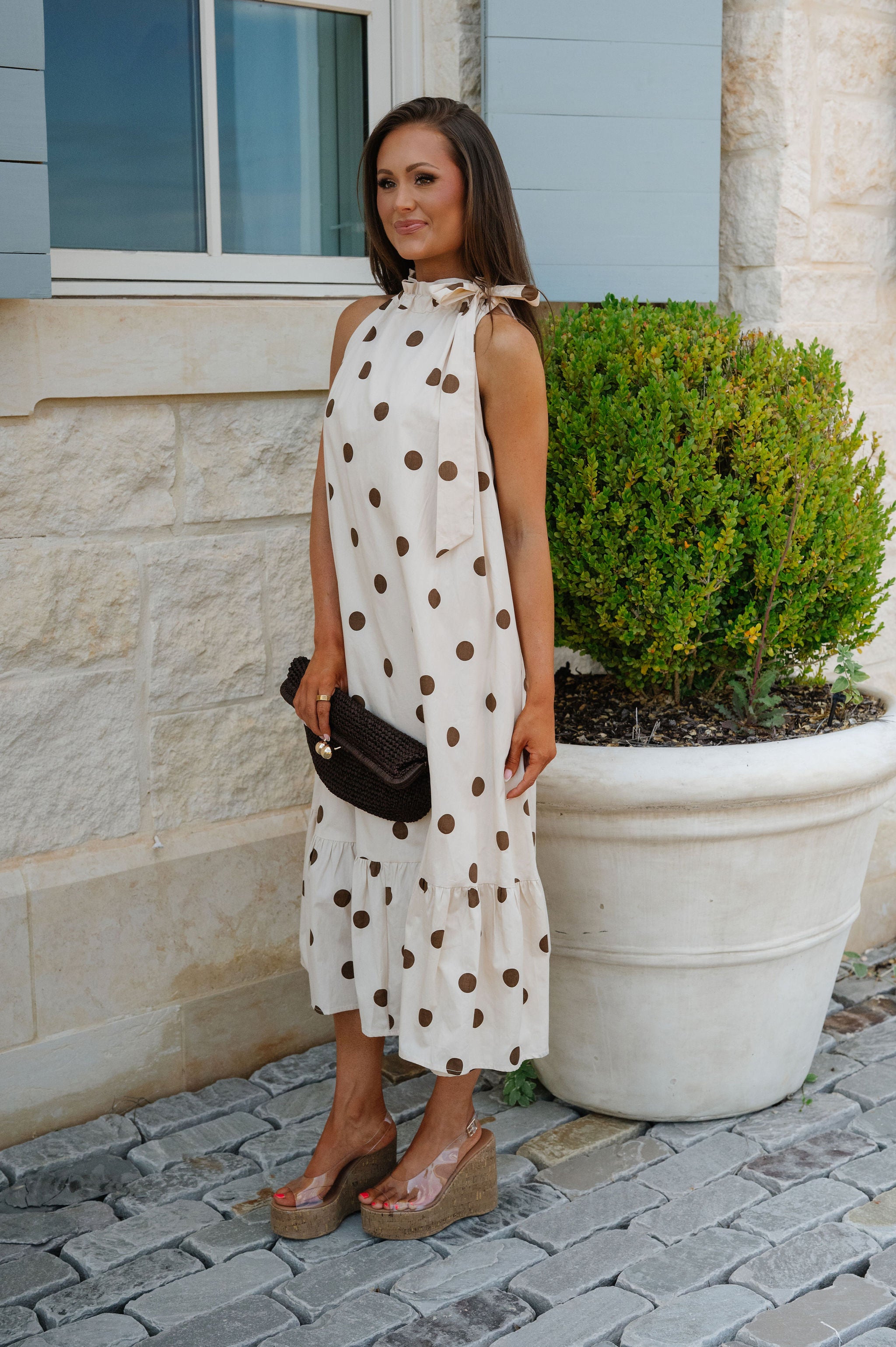 Ruffle Neck Midi Dress-Brown Polka Dot