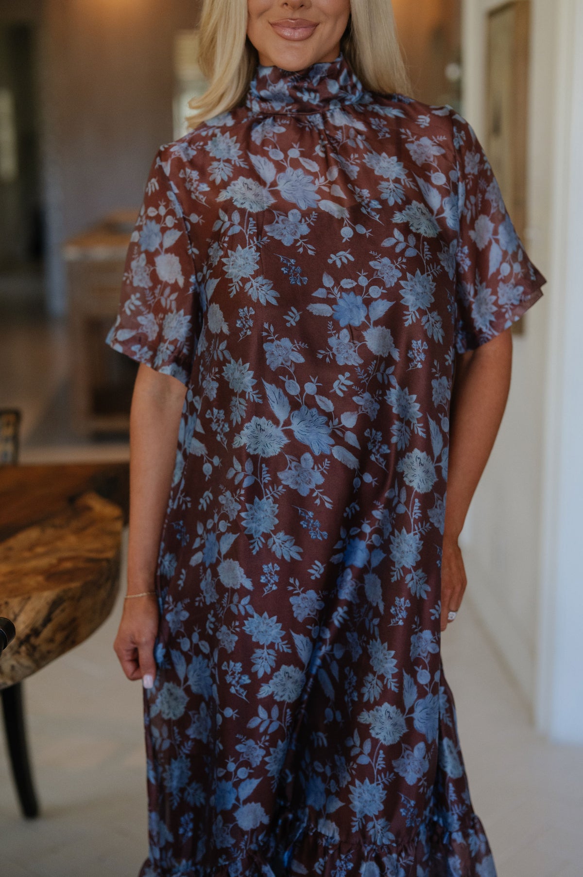 London High-Neck Maxi Dress-Brown