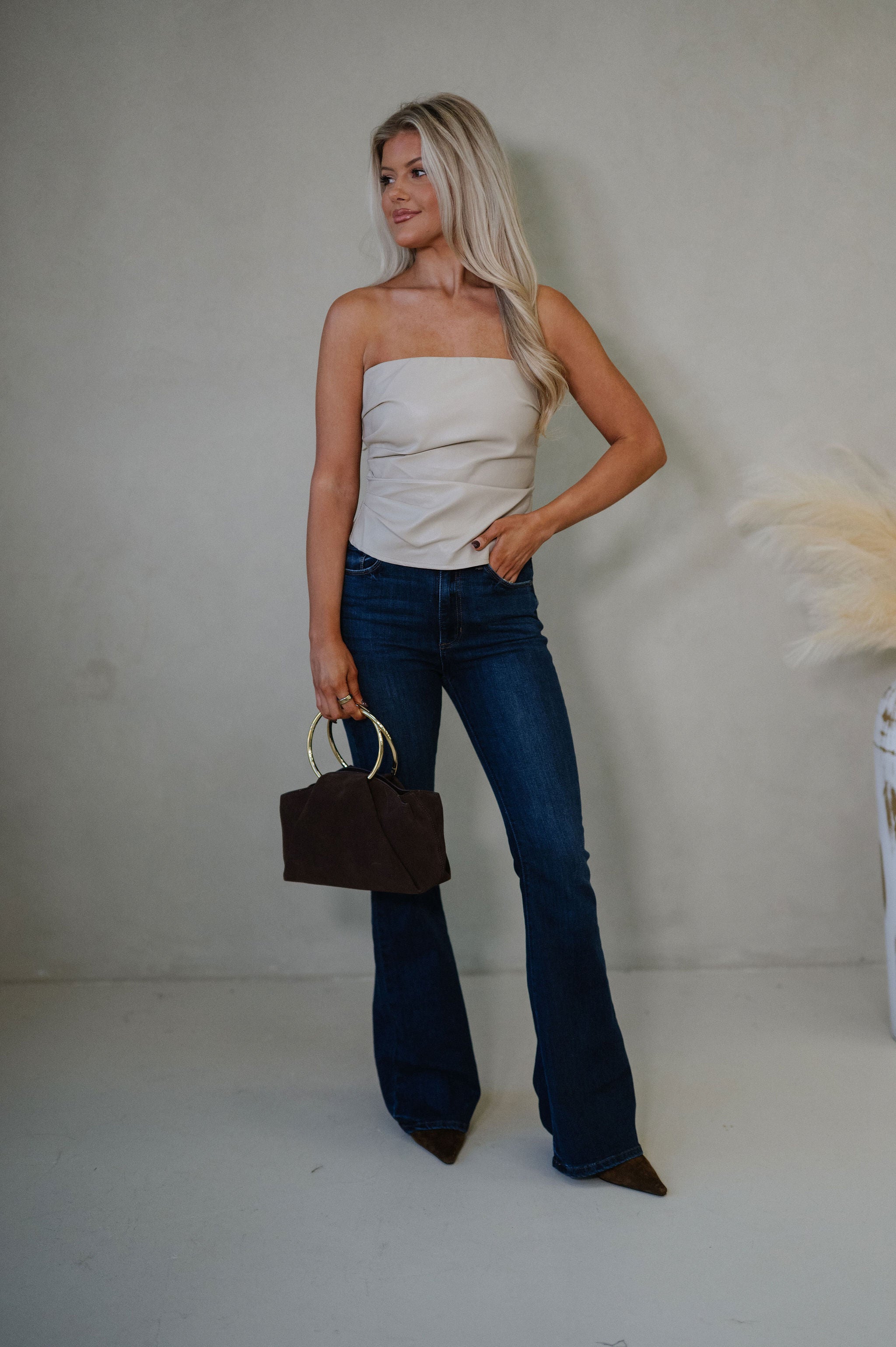 Strapless Faux Leather Top-Beige