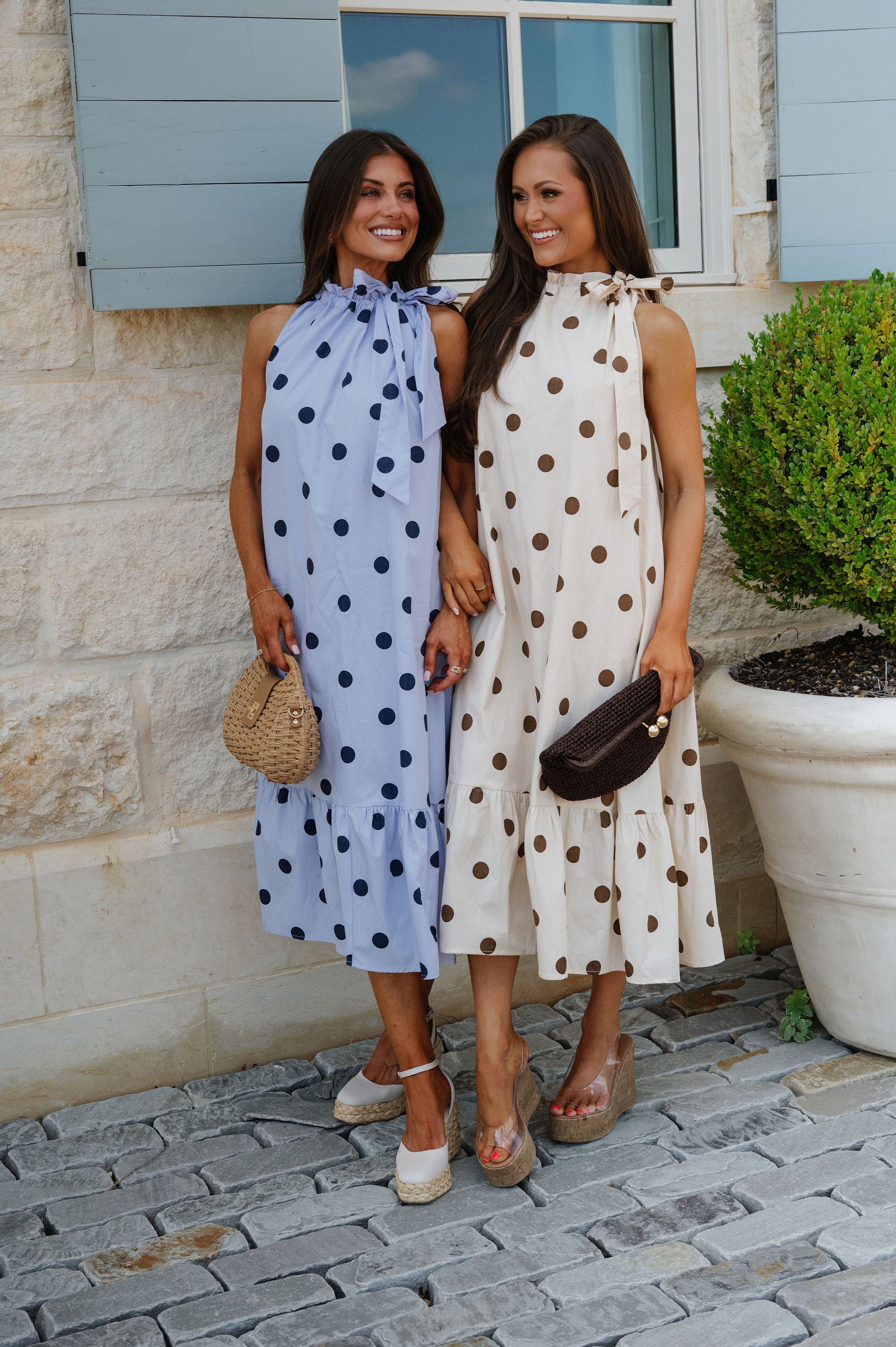 Ruffle Neck Midi Dress-Brown Polka Dot