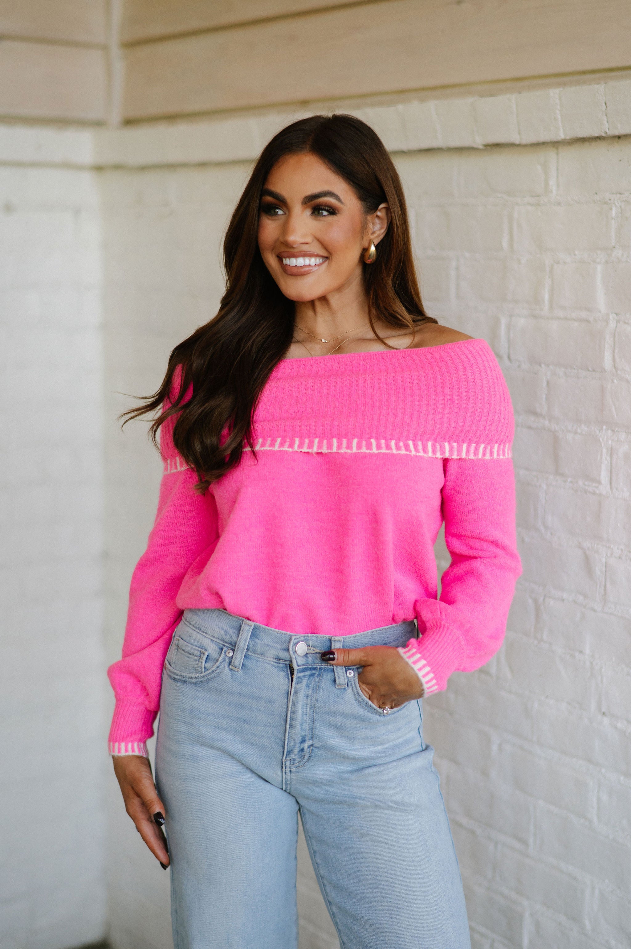 Stitch Detail Sweater- Fuchsia/Cream