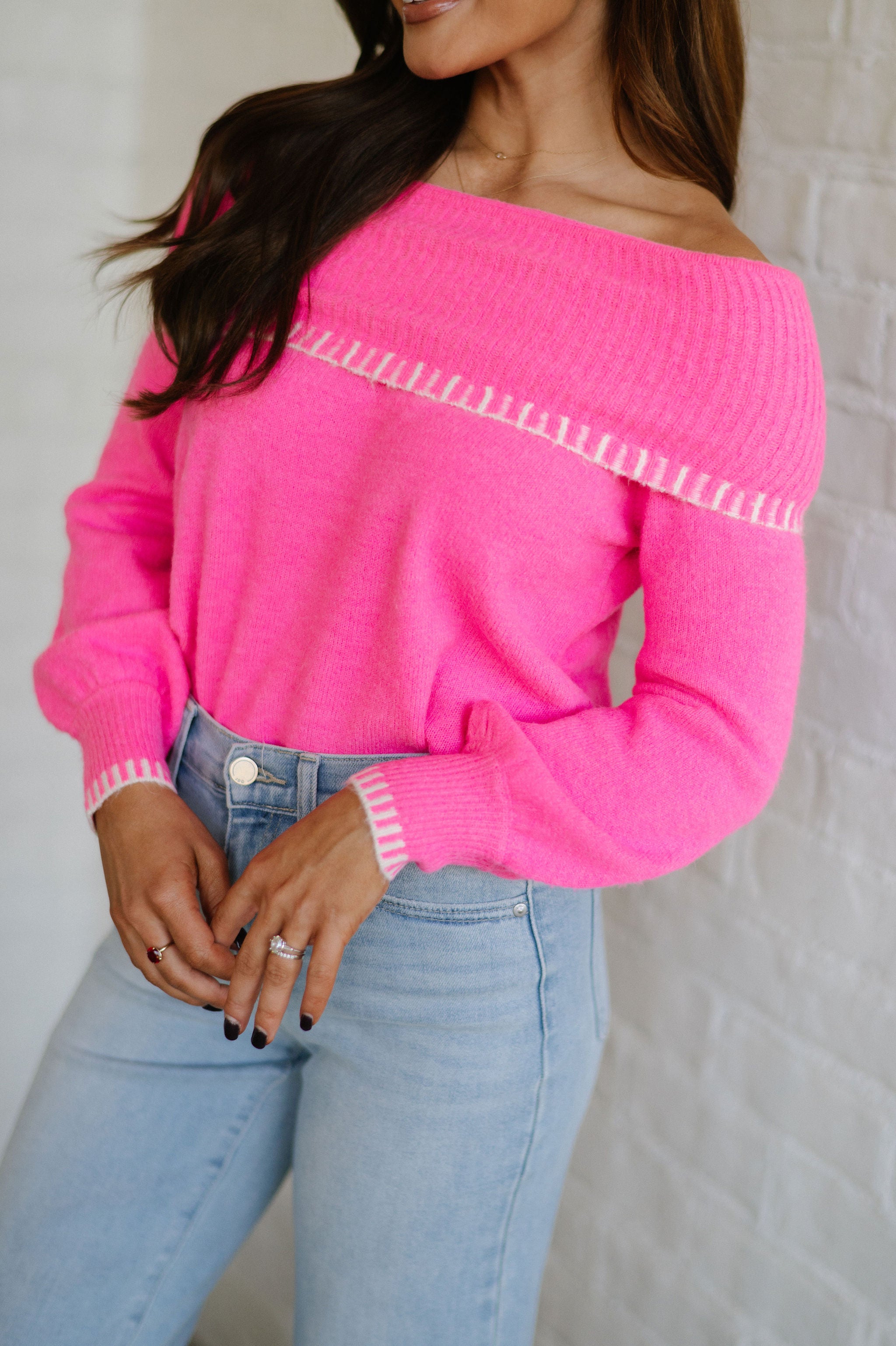 Stitch Detail Sweater- Fuchsia/Cream