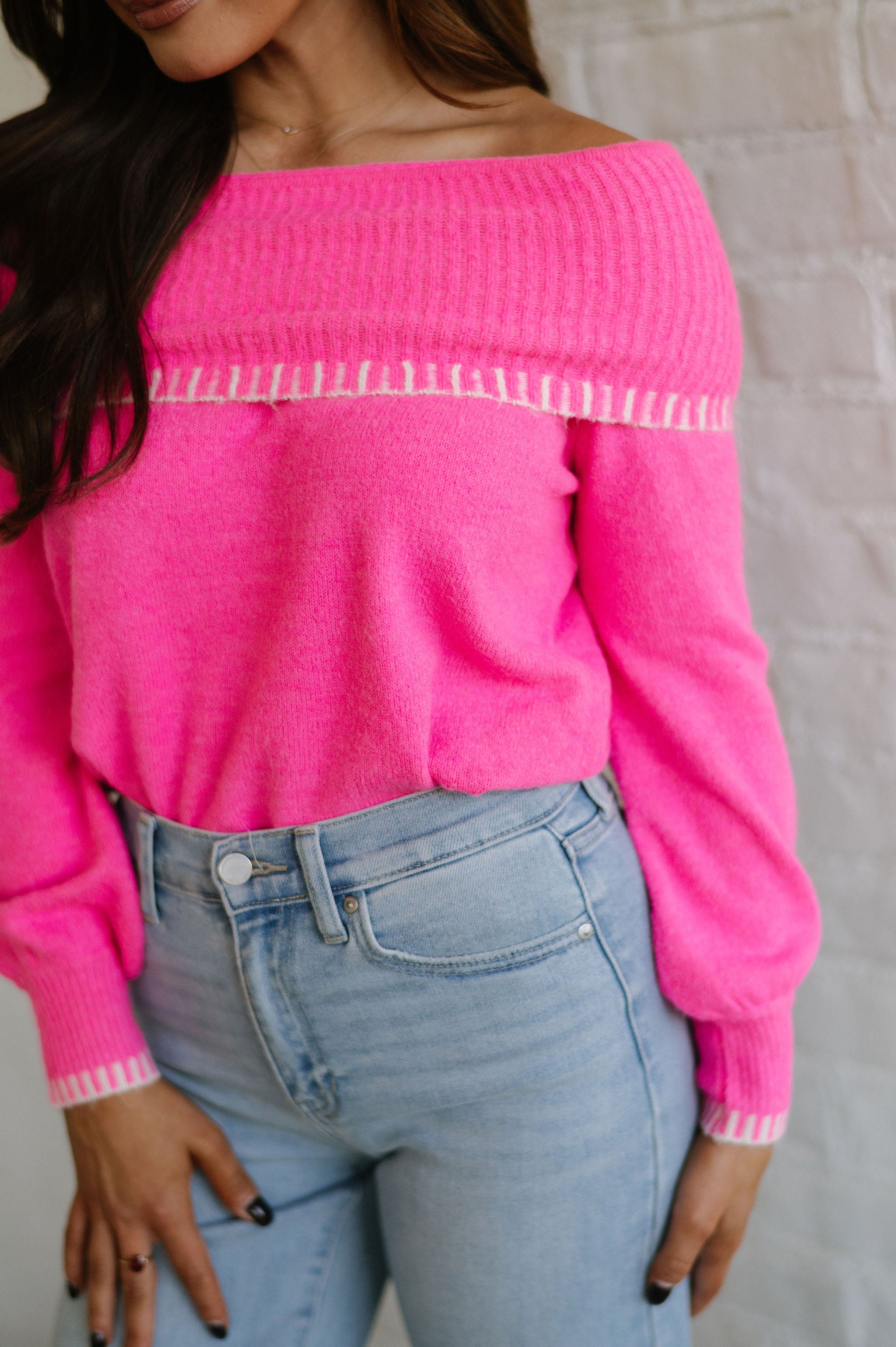 Stitch Detail Sweater- Fuchsia/Cream