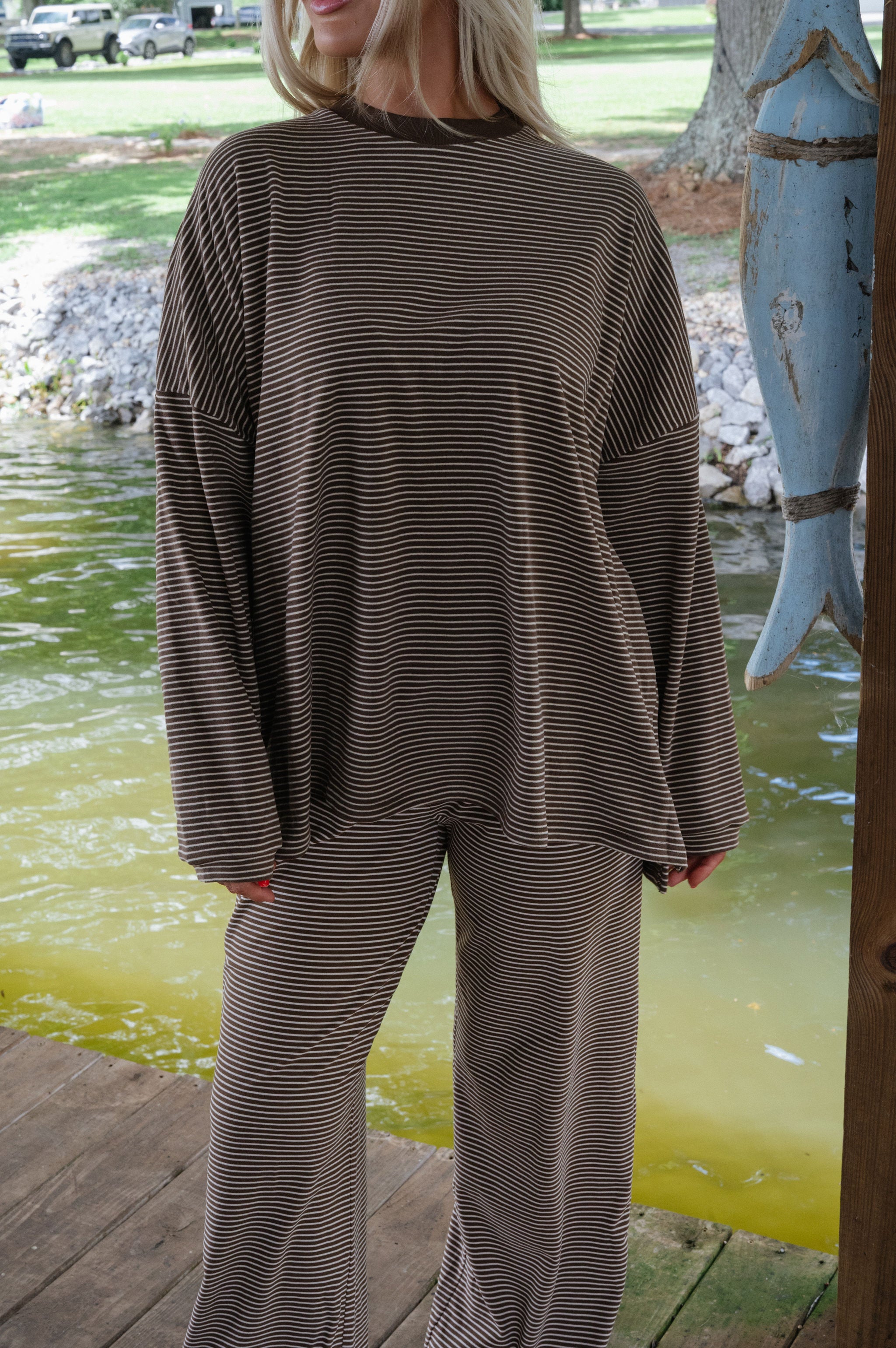 Nora Striped Fleece Oversized Top-Brown