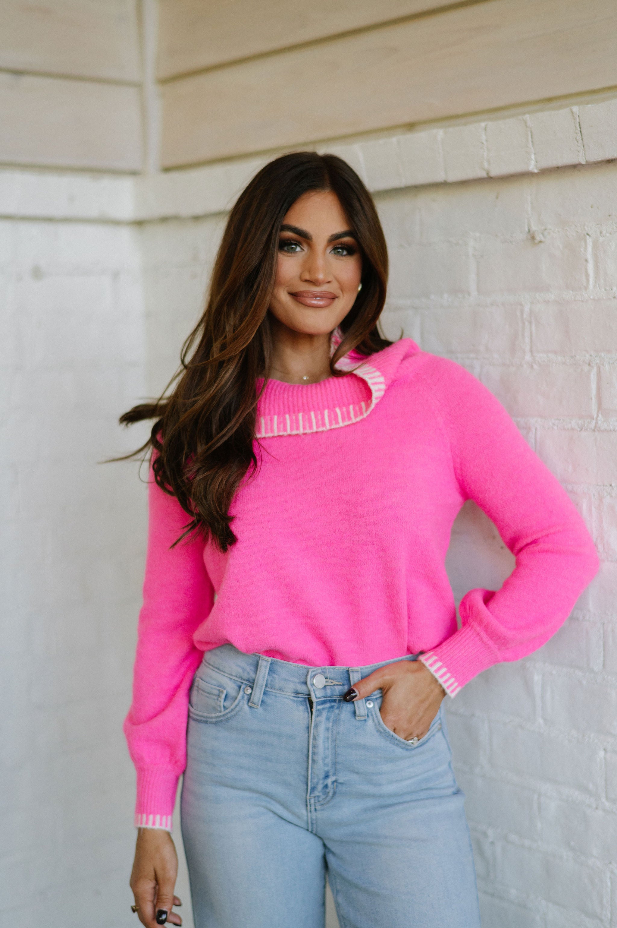 Stitch Detail Sweater- Fuchsia/Cream