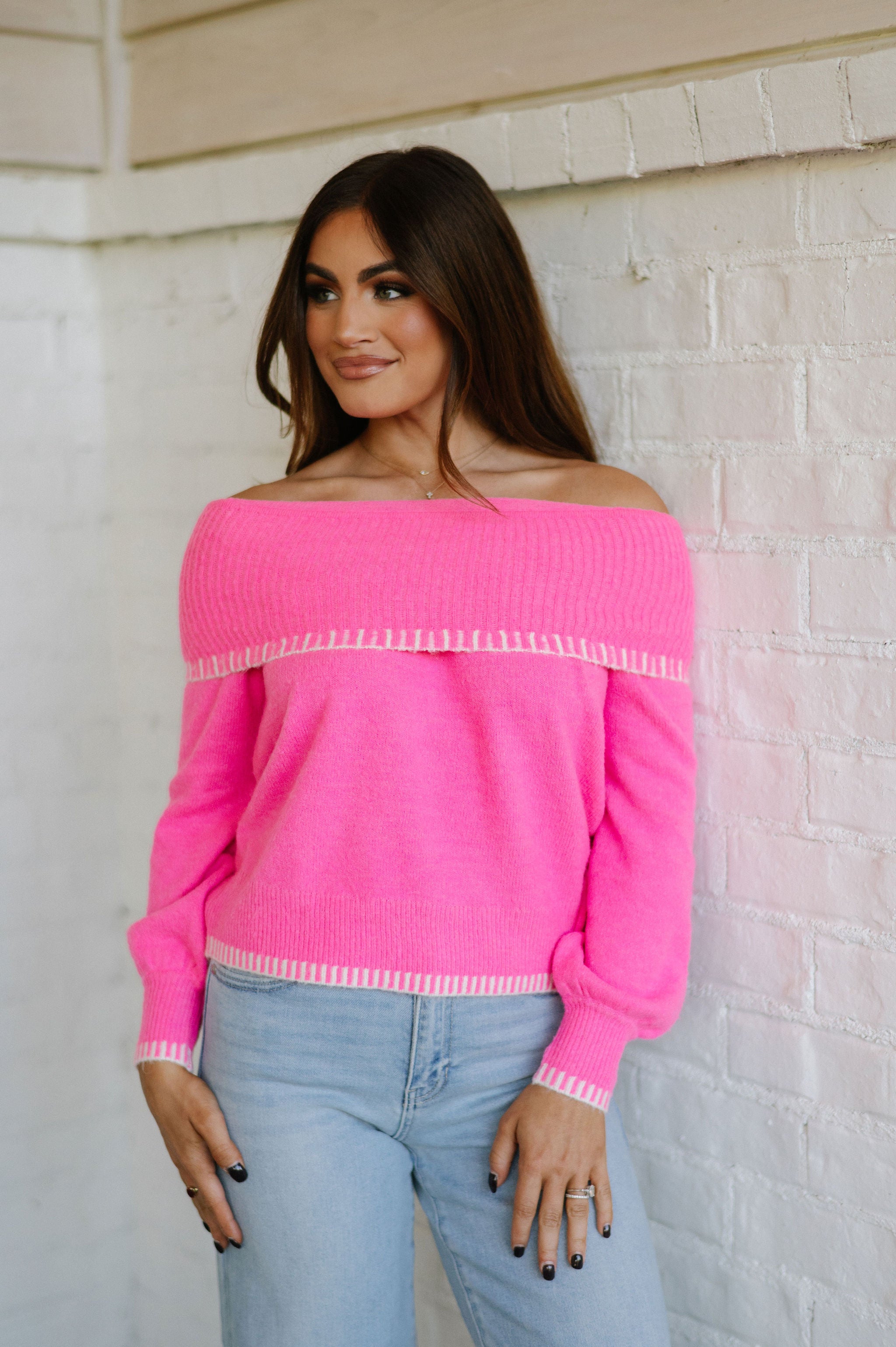 Stitch Detail Sweater- Fuchsia/Cream