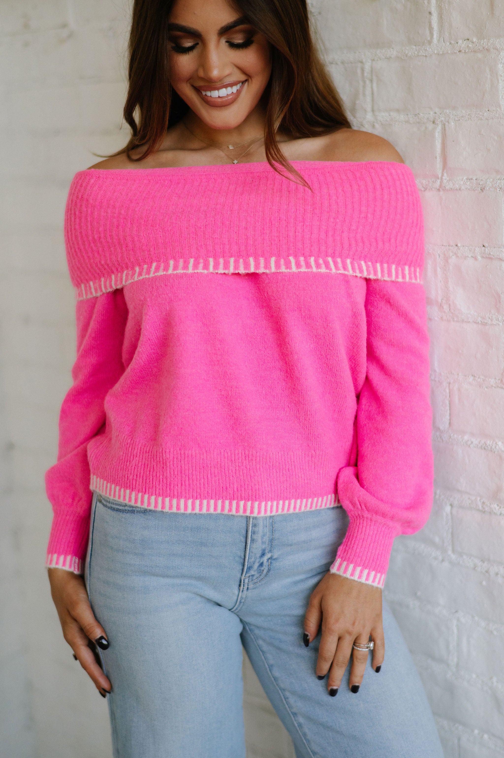 Stitch Detail Sweater- Fuchsia/Cream