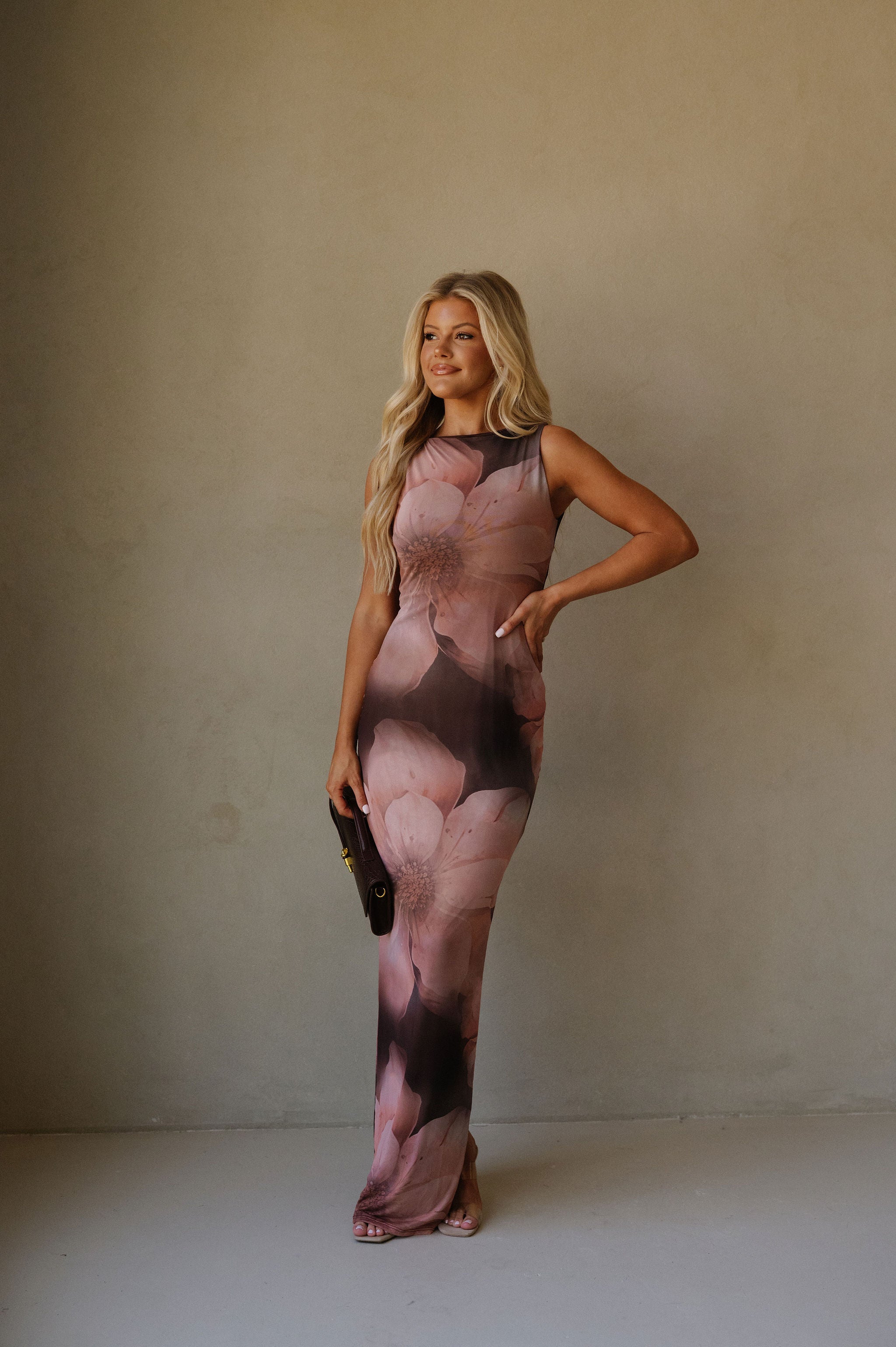 Sleeveless Maxi Floral Mesh Dress-Brown/Orange