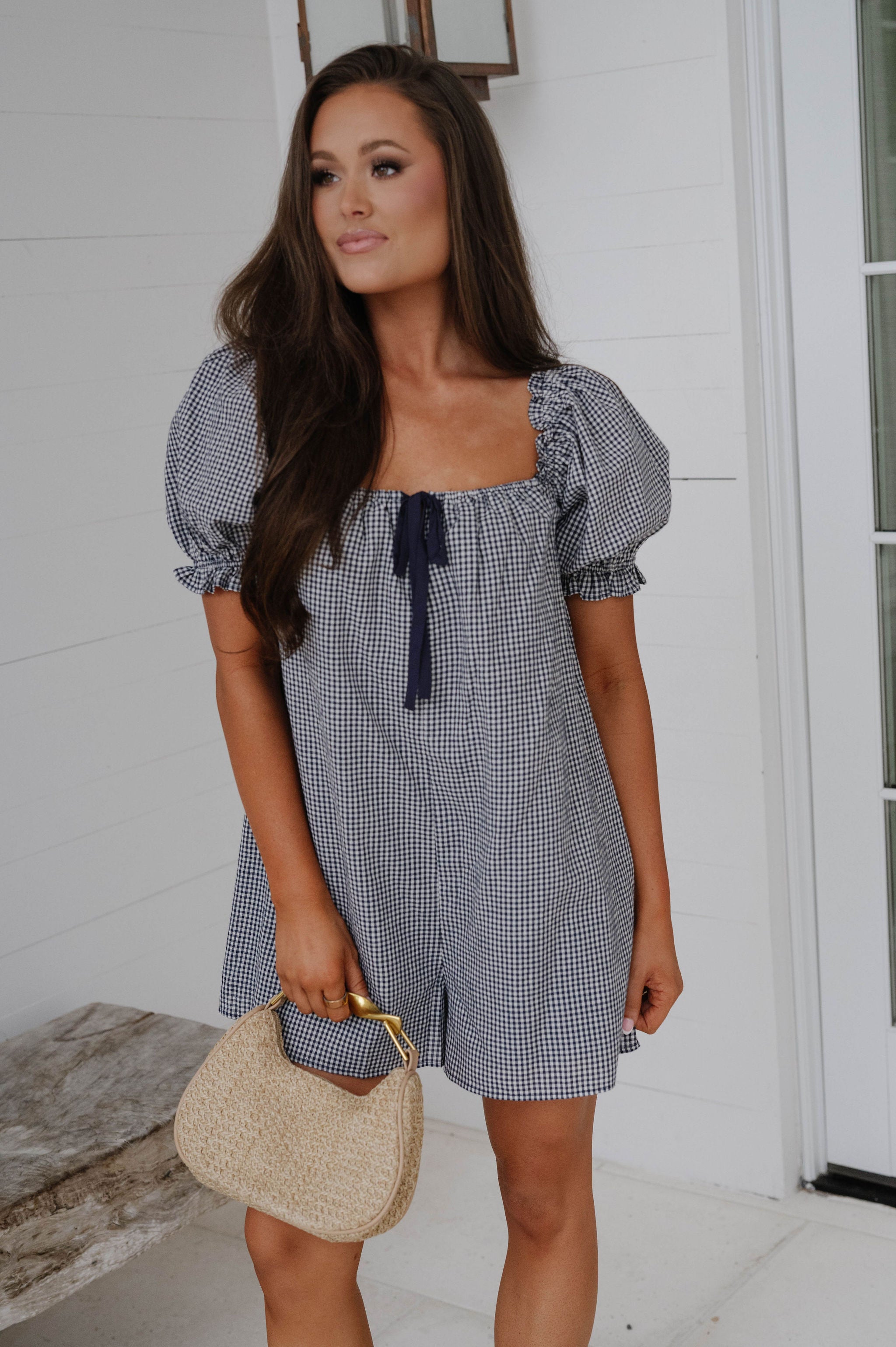 Adele Gingham Romper-Navy