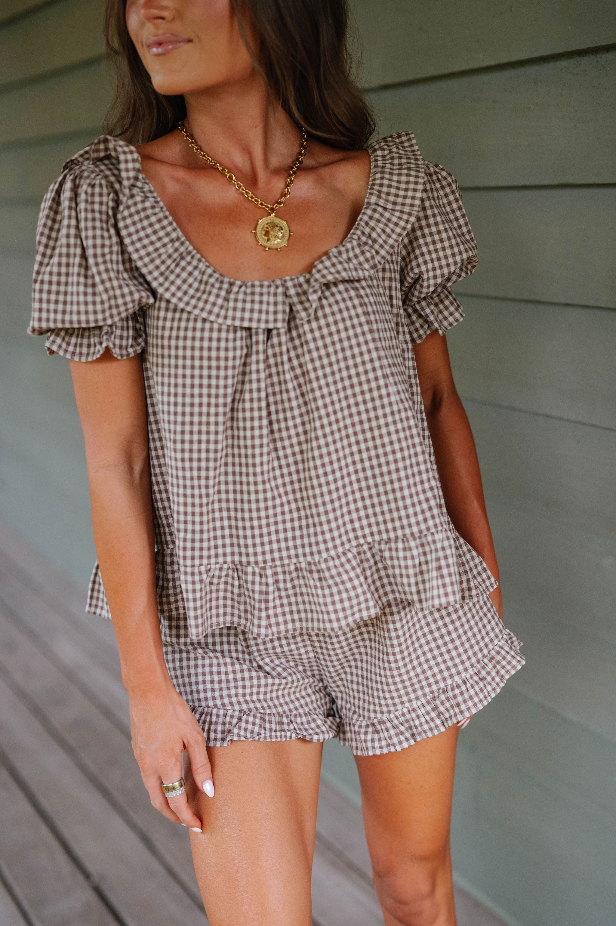 Kora Gingham Short Set-Beige/Brown