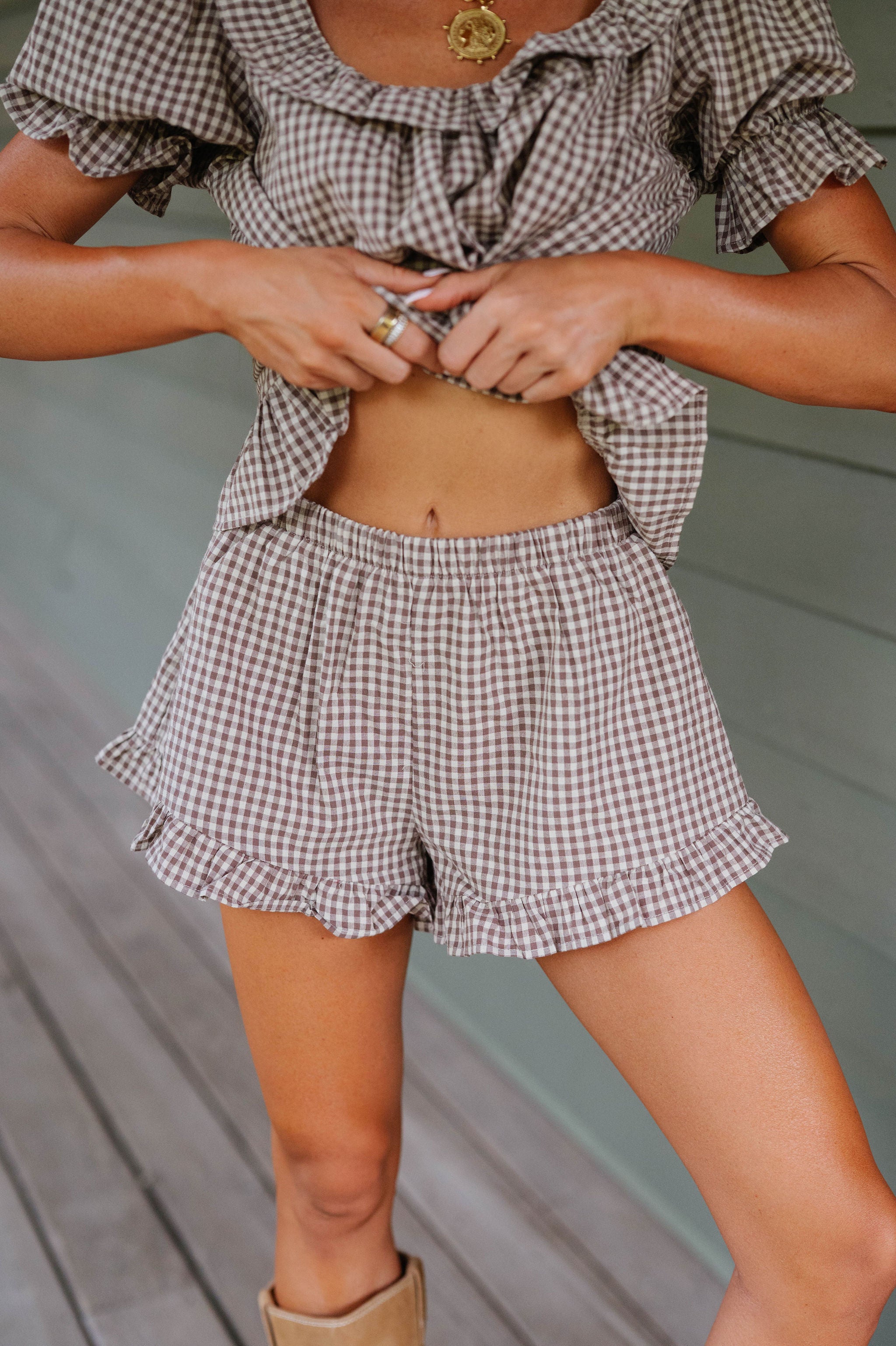 Kora Gingham Short Set-Beige/Brown