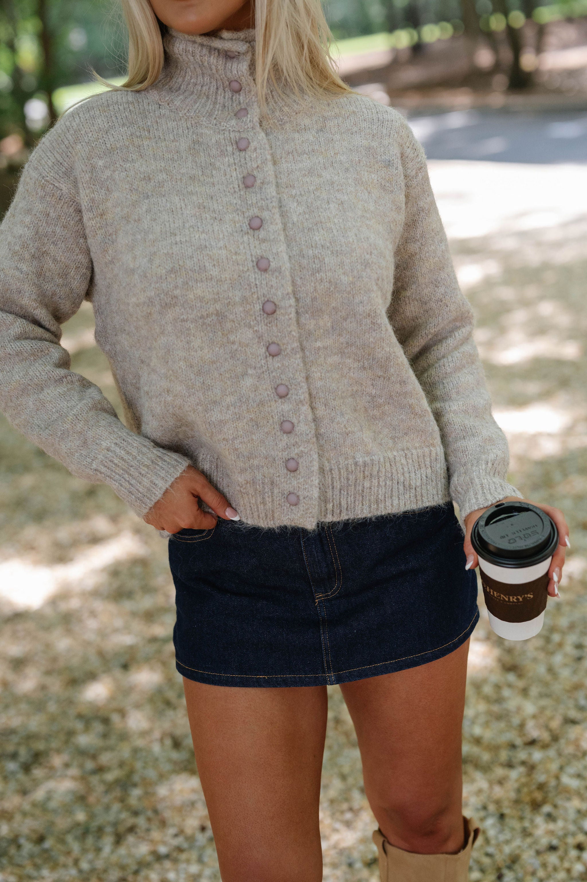 Blaire High Neck Cardigan-Oatmeal