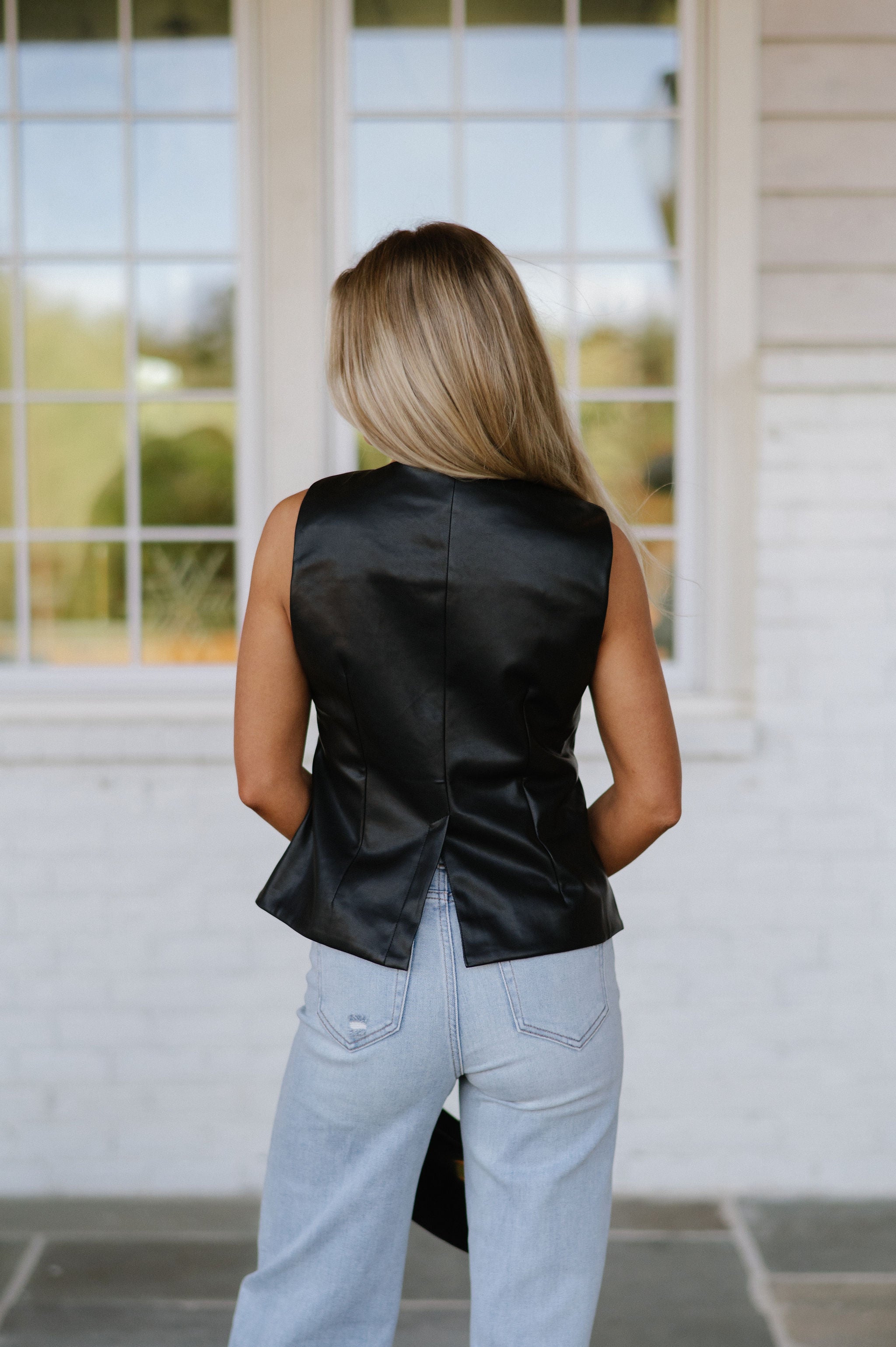 Faux Leather Asymmetric Vest-Black