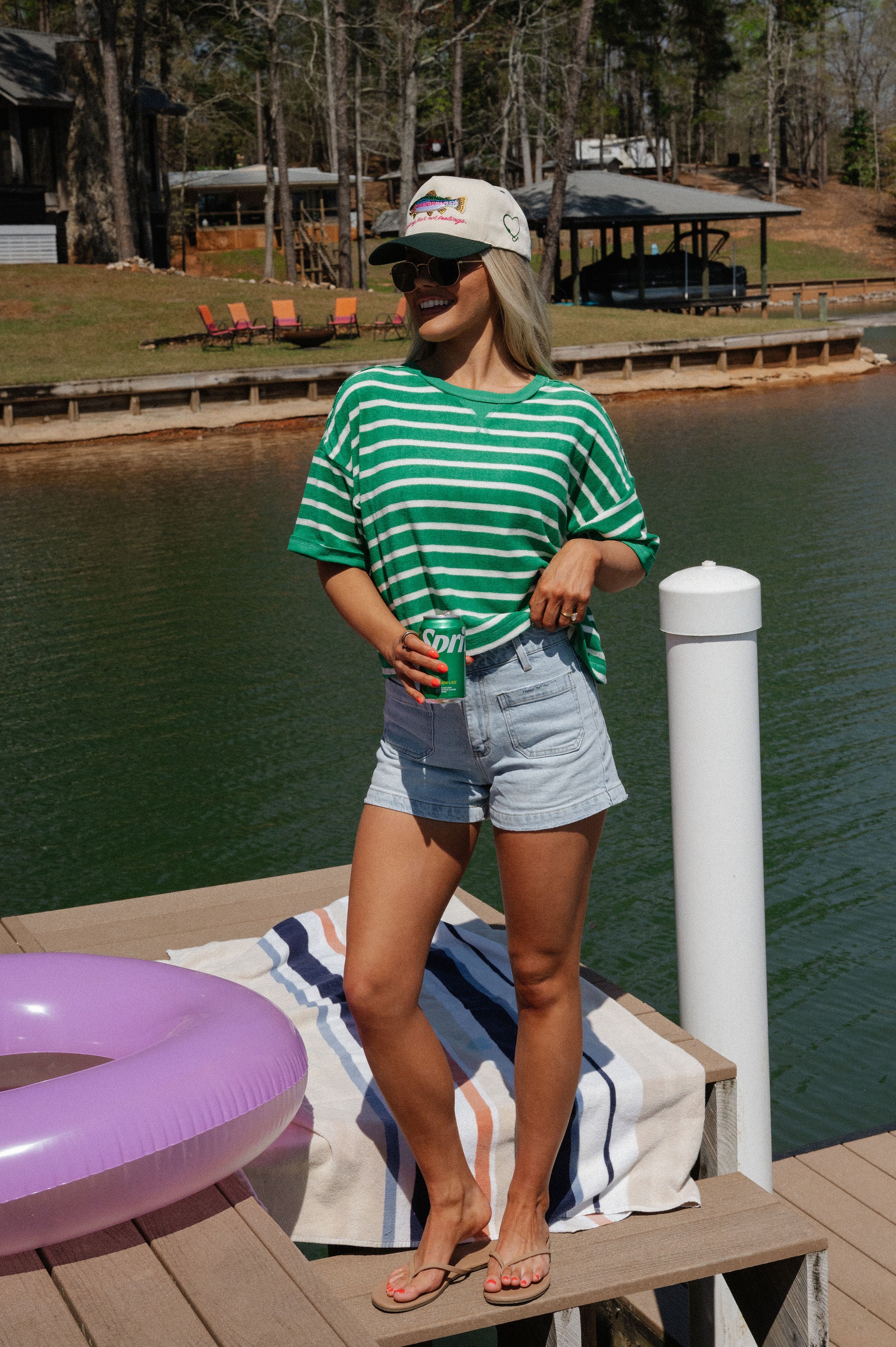 Terry Striped Oversized Top-Green/Oat